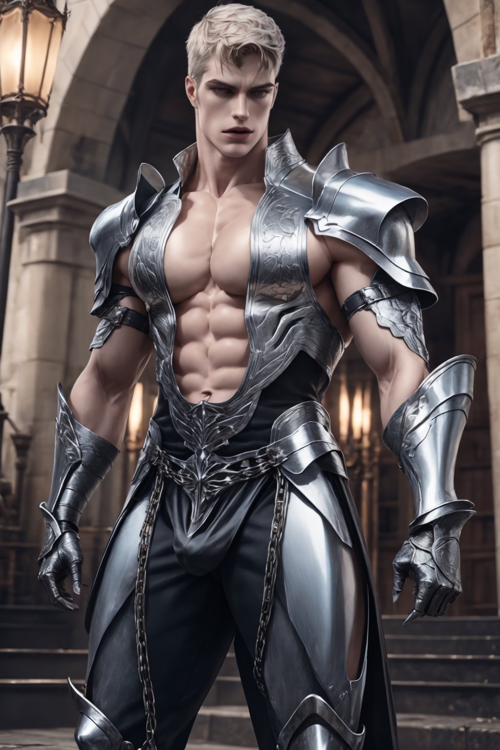 1male, metal_top, metal_greaves, metal_gauntlets, metal_chausses, pale_skin, handsome, 8k resolution, ultra detailed, pecs, cleavage cutout