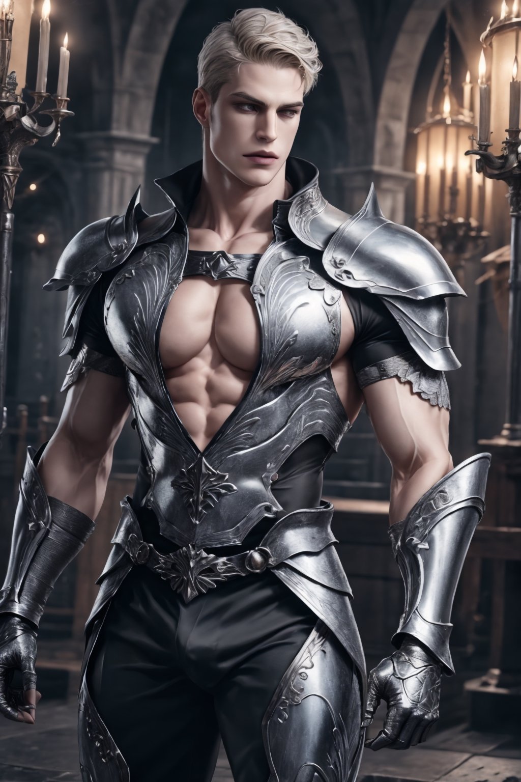 1male, metal_top, metal_greaves, metal_gauntlets, metal_chausses, pale_skin, handsome, 8k resolution, ultra detailed, pecs, cleavage cutout