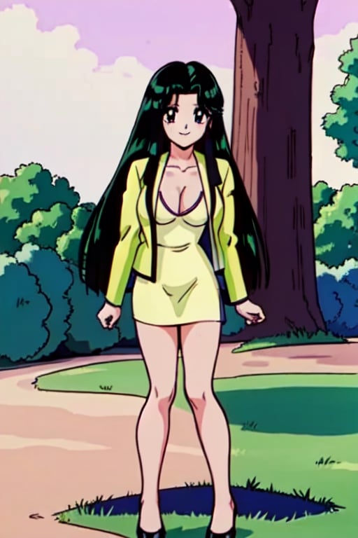 Ritsuko takahashi,  1girl.(ritsuko_nube), full body,  long body, hip move, sexy, on school,  insinuation eyes, garden,  long hair,  purple eyes,  green jacket, jacket, park, trees, wind, yellow dress,  neckline,  open jacket,  heels,  on school,  sexy stance, sweet lips, black hair, sit down, smile, hair shining in green, great boobs,  round hips,  showing her glutes, neckline, dancing mové,  arousing face, back, photo from the back, wind on dress, shy, glutes, ritsuko_nube, 
