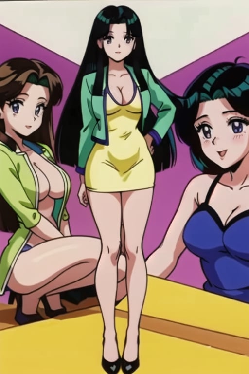 Ritsuko takahashi, 1girl.(ritsuko_nube),full body, long body, sexy insinuation, long hair, purple eyes, green jacket, yellow dress, neckline, open jacket, heels, on school, sexy stance, sweet lips, black hair, hair shining in green, great boobs, round hips, showing her glutes, arousing face, glutes,ritsuko_nube