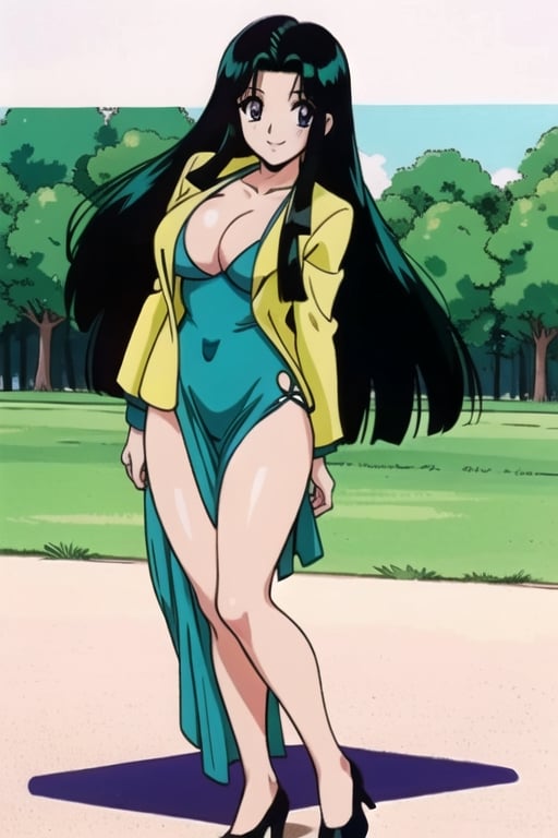 Ritsuko takahashi,  1girl.(ritsuko_nube), full body,  long body, hip move, sexy insinuation,  long hair,  purple eyes,  green jacket, park, trees, wind, yellow dress,  neckline,  open jacket,  heels,  near school,  sexy stance, sweet lips, black hair, sit down, smile, hair shining in green, great boobs,  round hips,  showing her glutes, neckline, dancing mové,  arousing face,  glutes, ritsuko_nube, 
,ritsuko_nube