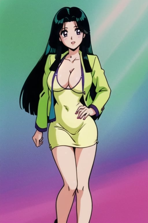 Ritsuko takahashi, 1girl.(ritsuko_nube), long hair, purple eyes, green jacket, yellow dress, neckline, open jacket, heels, on school, sexy stance, sweet lips, black hair, hair shining in green, great boobs, round hips, showing her glutes