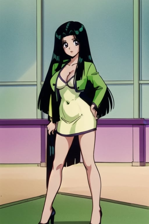 Ritsuko takahashi, 1girl.(ritsuko_nube), long hair, purple eyes, green jacket, yellow dress, neckline, open jacket, heels, on school, sexy stance, sweet lips, black hair, hair shining in green, great boobs, round hips, showing her glutes