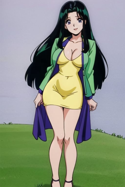 Ritsuko takahashi, 1girl.(ritsuko_nube),full body, long body, sexy insinuation, long hair, purple eyes, green jacket, yellow dress, neckline, open jacket, heels, on school, sexy stance, sweet lips, black hair, hair shining in green, great boobs, round hips, showing her glutes, arousing face, glutes,ritsuko_nube