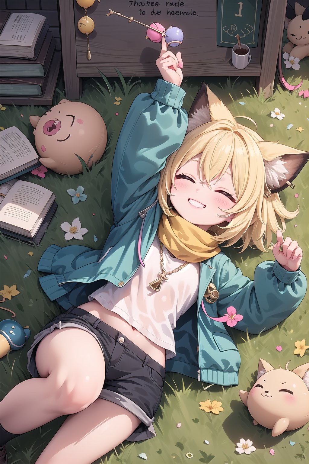 1 Girl, short blonde hair, brown animal ears, closed eyes, hairpin, long yellow scarf, a strand of hair standing up, short black t-shirt, dark green short jacket, necklace, lollipop, shorts, sweet background, joy , "Elegant crystal, graceful curves, Filled with orange and white marble liquid to form a fox shape. The cat has big eyes and a long tail. Fluid cat silhouette with wavy and dynamic movements. Pastel flower petals floating Softly pink gradient background. Stylish thin lines anime and bright colors. Very detailed 8K resolution. Cute, short blonde hair, brown animal ears, closed eyes, hairpin, yellow scarf, pendant, dark green jacket, short black t-shirt, shorts, cloth, necklace, black stockings, indoor background, Decoration, chalkboard, grass, flowers, colored_textDecoration, chalkboard, grass, flowers, text, joyml, messy hair, sitting, toys, scattered, Look up, A strand of hair stands up,Books, children's games, cloth, colorful pointed flags, cups, cakes, Happy, smiling, holding a toy car, Lying on the grass, from above, grinning