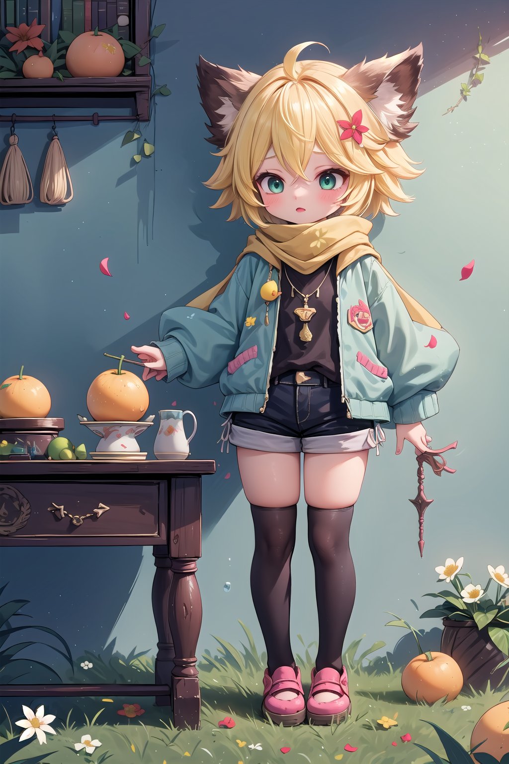 1 Girl, short blonde hair, brown animal ears, green eyes, hairpin, long yellow scarf, a strand of hair standing up, short black t-shirt, green short jacket, necklace, lollipop, shorts, sweet background, joy, "elegant crystal, graceful curves, Filled with orange and white marble fluid forming a fox shape, wavy and dynamic movement Floating pastel flower petals Anime soft pink gradient background and bright colors. Cute, short blonde hair, animal ears brown, hairpin, yellow scarf, pendant, green rolled up jacket, short black t-shirt, shorts, cloth, necklace, black stockings, indoor background, decoration, table, fruits, grass, flowers, colour_textDecoration, board write, grass, flowers, text, joyml, tousled hair, toys, scattered, Look for it, A strand of hair stands up,Books, children's games, cloth, colorful pointed flags, cups, cakes, Snotty, Red nose, standing, leaning against the wall, thin body, Slim