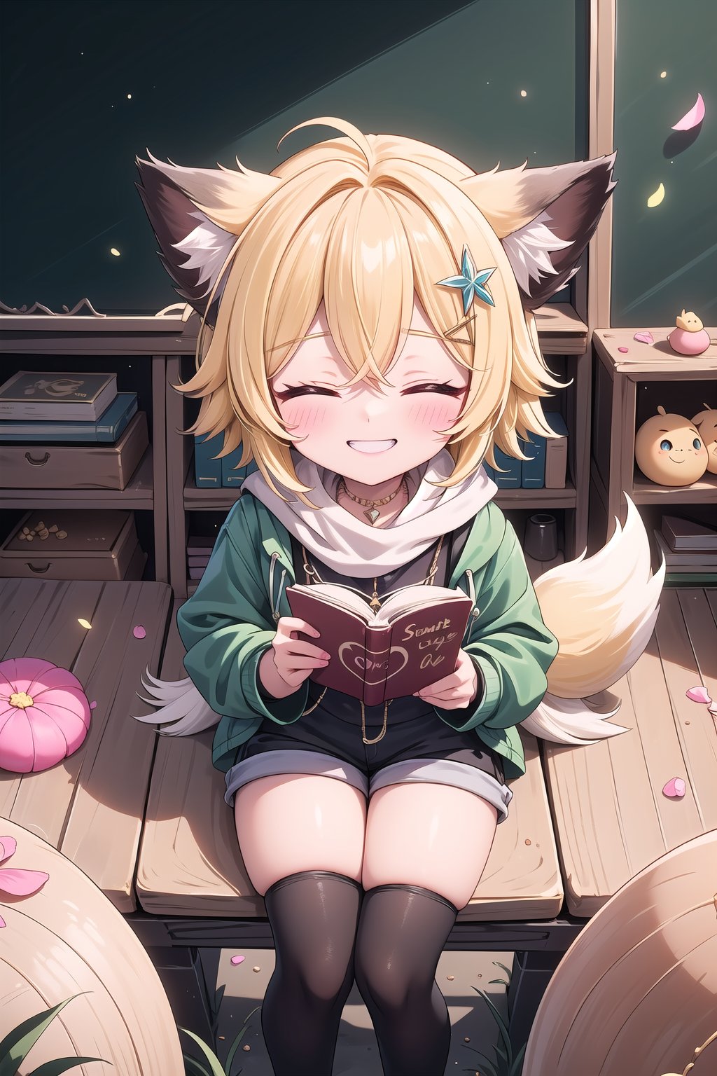 1 Girl, short blonde hair, brown animal ears, closed eyes, hairpin, long yellow scarf, a strand of hair standing up, short black t-shirt, dark green short jacket, necklace, lollipop, shorts, sweet background, joy , "Elegant crystal, graceful curves, Filled with orange and white marble liquid to form a fox shape. The cat has big eyes and a long tail. Fluid cat silhouette with wavy and dynamic movements. Pastel flower petals floating Softly pink gradient background. Stylish thin lines anime and bright colors. Very detailed 8K resolution. Cute, short blonde hair, brown animal ears, closed eyes, hairpin, yellow scarf, pendant, dark green jacket, short black t-shirt, shorts, cloth, necklace, black stockings, indoor background, Decoration, chalkboard, grass, flowers, colored_textDecoration, chalkboard, grass, flowers, text, joyml, messy hair, sitting, toys, scattered, Look up, A strand of hair stands up,Books, children's games, cloth, colorful pointed flags, cups, cakes, Happy, smiling, holding A piece of heart greeting paper , from above, grinning