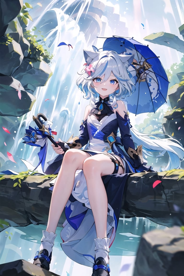 Furina, 1 girl, medium messy white hair, slightly blue, blue eyes, cat ears, bride, herself, long white dress, from below, beautiful face, outdoors, colorful flower garden, happy, arms spread, leaves falling, standing, sitting, holding an umbrella, shoes, rocks, furina\ (genshin impact\)