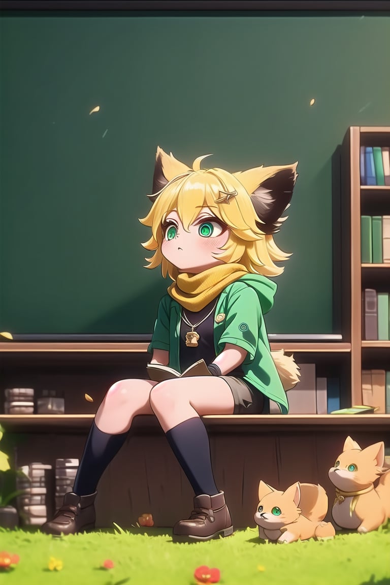 score_9, score_8_up, score_7_up,ANYA, 1 little girl, cute, short blonde hair, brown animal ears, green eyes, hairpin, yellow scarf, pendant, dark green jacket Short sleeves, fingerless gloves, short black t-shirt, shorts, cloth, necklace, black stockings, indoor background, Decoration, chalkboard, grass, flowers, colored_textDecoration, chalkboard, grass, flowers, text,joyml, messy hair, sitting, toys, scattered, Look up, Mobile toys, books on the ground, cups,