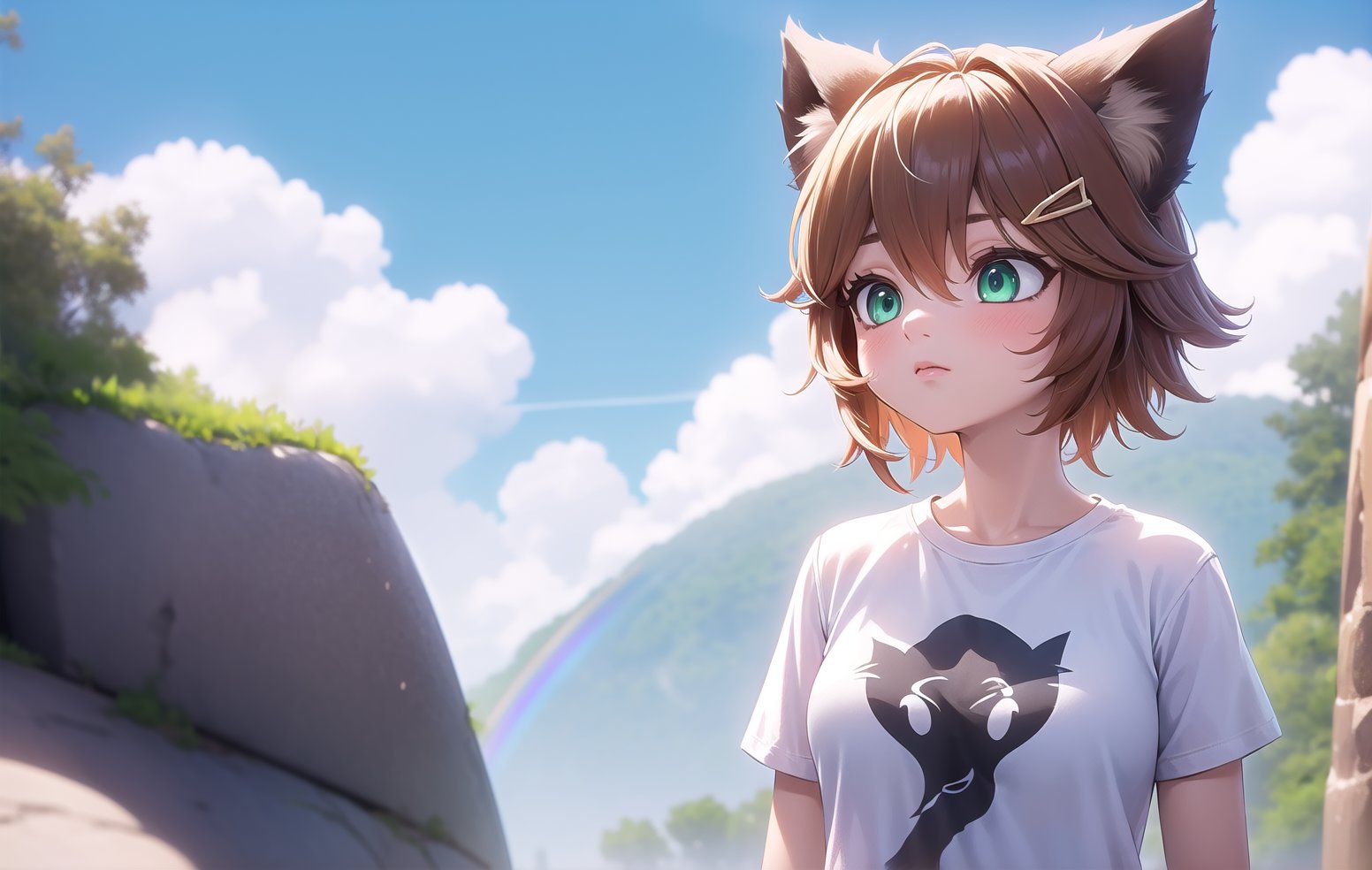 joyml, 1 girl, Outdoors, rocks, clouds, rainbows ,long brown animal ears, hair clips, short white t-shirt, green eyes,  detailed image, hd, smooth, ultra, Upper body, a strand of hair standing up,