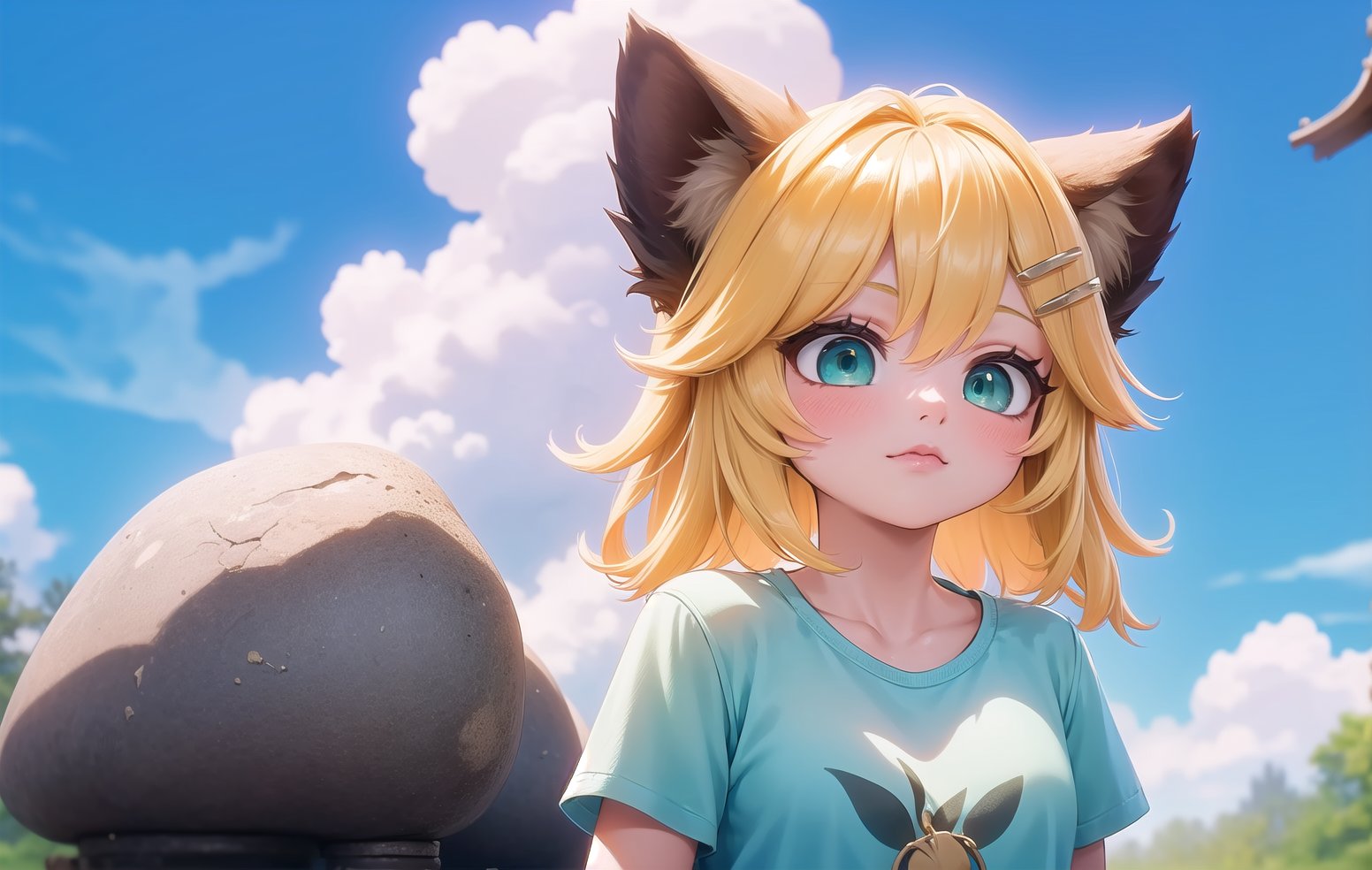 joyml, 1 girl, Outdoors, rocks, clouds, rainbows , medium blonde hair, brown animal ears, hair clips, short white t-shirt, green eyes,  detailed image, hd, smooth, ultra, Upper body, a strand of hair standing up,