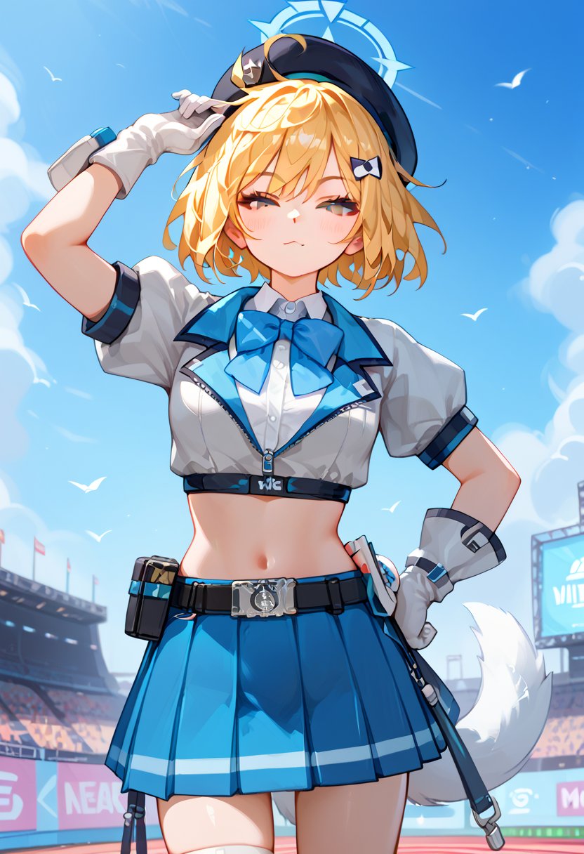 score_9, score_8_up, score_7_up, score_6_up, , score_5_up, , score_4_up, 
BREAK , 

masterpiece, best quality, Looking at the audience, 1girl solo, bangs,WAN WAN elite, Short blonde hair black beret black short cropped suit blue bow tie slim stomach black short pleated skirt gloves, at night White tail, Messy hair , Mouth closed Tails stood up, one hand on his hip 