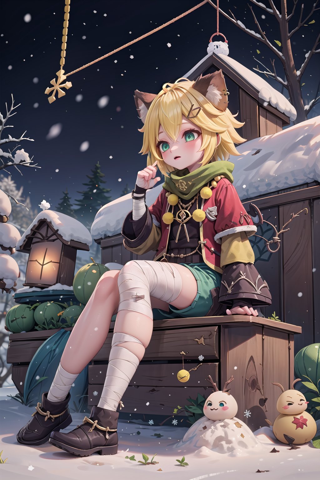 joyml,SantaLap,Snow,Snowflakes,Winter, 1 girl short blonde hair brown animal ears pierced hairpin yellow scarf pendant short red jacket bandage sleeve short red pants bandage on thigh, Wooden house, snow falling, Green eyes, a strand of hair, a necklace string, a Sit down,