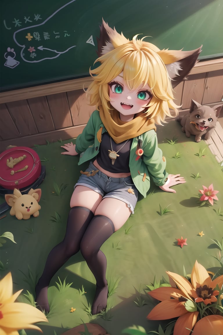 score_9, score_8_up, score_7_up,ANYA, 1 little girl, cute, short blonde hair, brown animal ears, green eyes, hairpin, yellow scarf, pendant, dark green jacket, short black t-shirt, shorts, cloth, necklace, black stockings, indoor background, Decoration, chalkboard, grass, flowers, colored_textDecoration, chalkboard, grass, flowers, text,joyml, messy hair, From above, sitting, toys, scattered, Look up, Canine teeth, open mouth, smile 