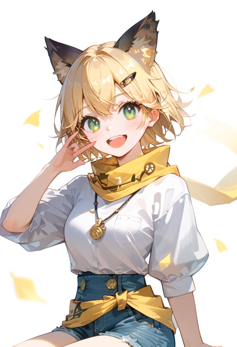 score_9, score_8_up, score_7_up, score_6_up, , score_5_up, , score_4_up, 
BREAK , 

masterpiece, best quality, Looking at the audience, 1girl solo, bangs,Joy, green eyes, Short blonde hair, brown animal ears, hair clips, long yellow scarf, lilotin necklace, jean shorts, cloth tie at waist, Upper body, sitting, White background, happy,:3