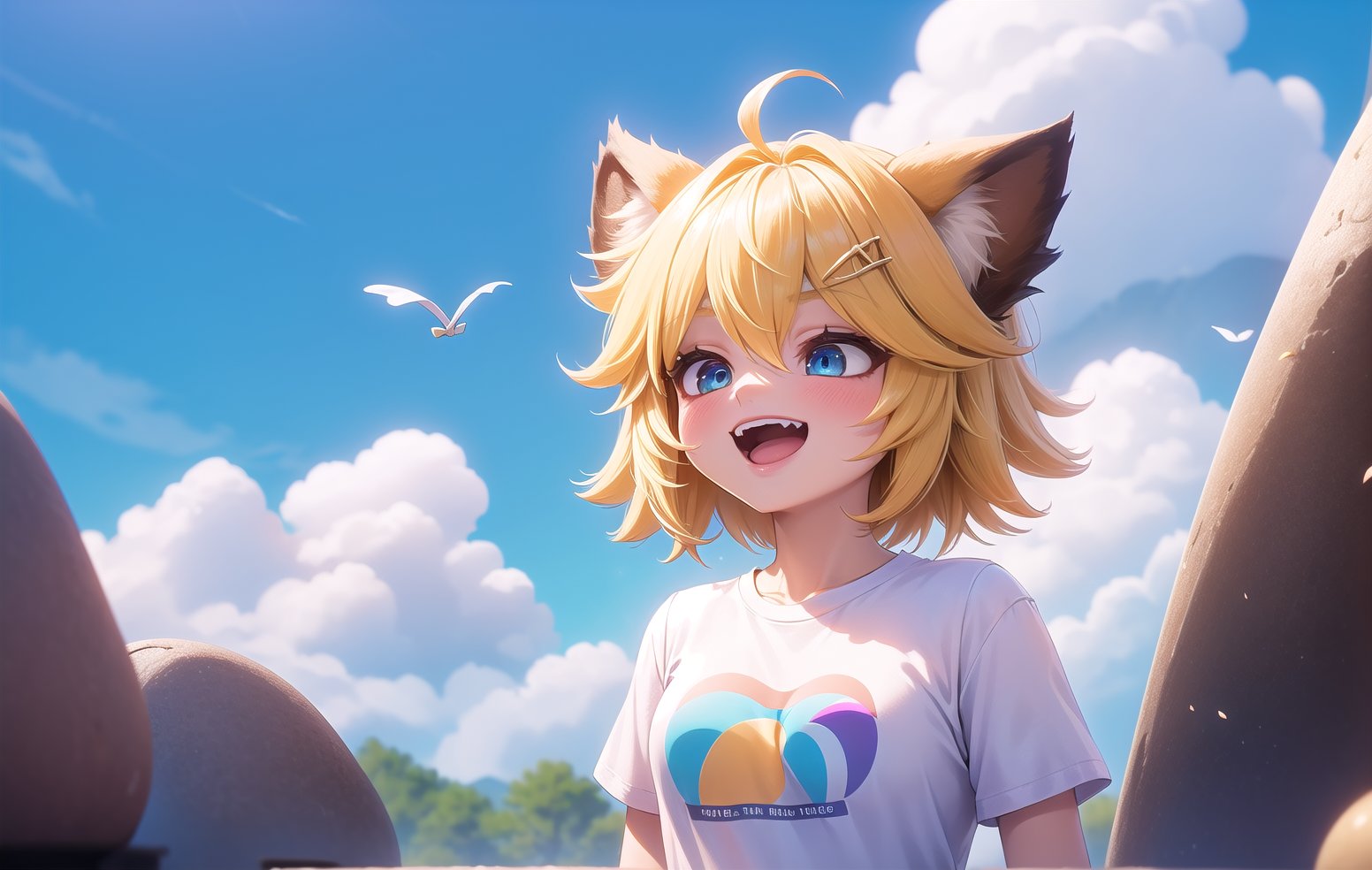 joyml, 1 girl, Outdoors, rocks, clouds, rainbows , medium blonde hair, brown animal ears, hair clips, short white t-shirt, closet eyes,  detailed image, hd, smooth, ultra, Upper body, a strand of hair standing up,
Laugh, 