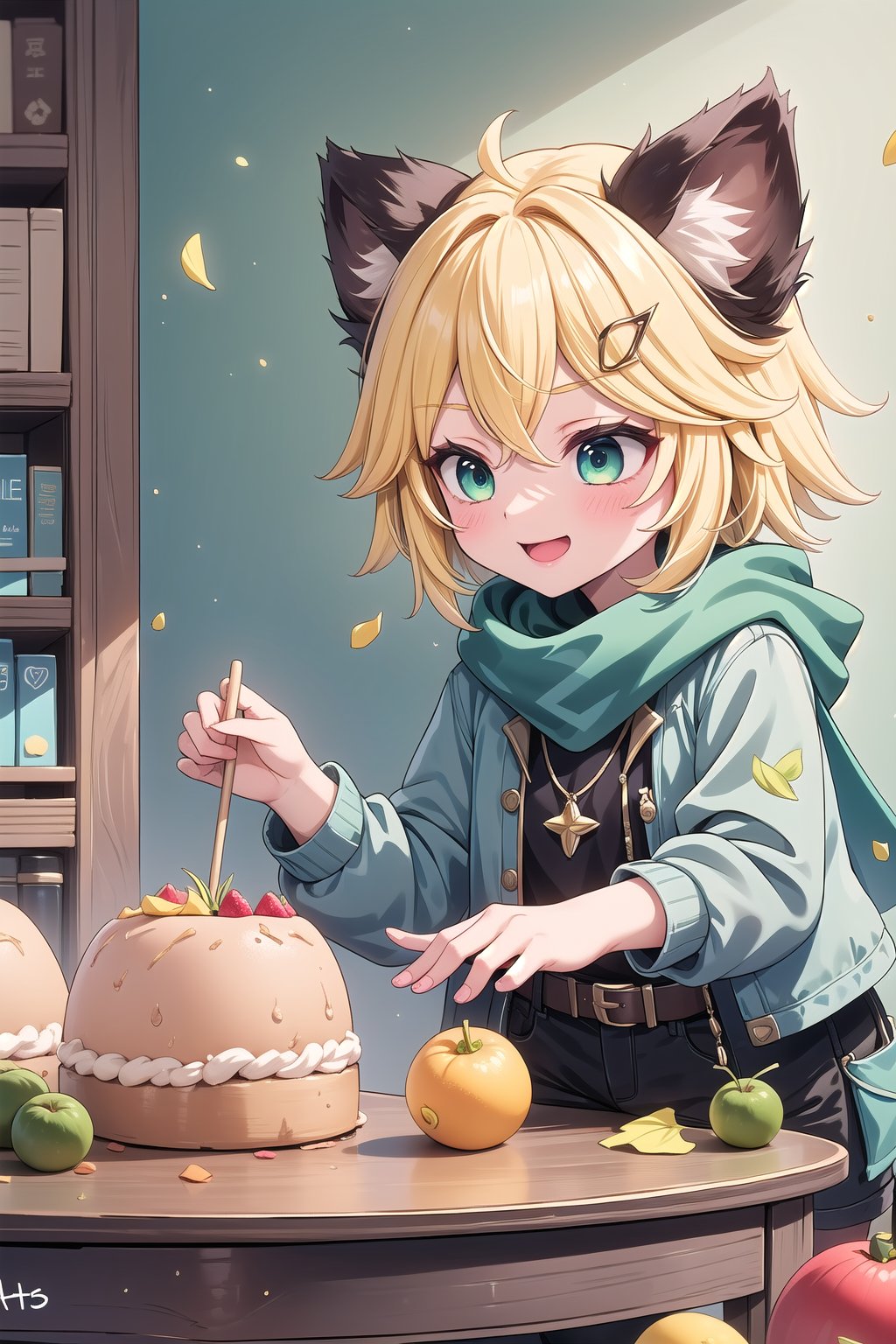 1 Girl, short blonde hair, brown animal ears, green eyes, hairpin, long yellow scarf, a strand of hair standing up, short black t-shirt, green short jacket, necklace, lollipop, shorts, sweet background, joy, "elegant crystal, graceful curves, Filled with orange and white marble fluid forming a fox shape, wavy and dynamic movement Floating pastel flower petals Anime soft pink gradient background and bright colors. Cute, short blonde hair, animal ears brown, hairpin, yellow scarf, pendant, green rolled up jacket, short black t-shirt, shorts, cloth, necklace, black stockings, indoor background, decoration, table, fruits, grass, flowers, colour_textDecoration, board write, grass, flowers, text, joyml, tousled hair, toys, scattered, Look for it, A strand of hair stands up,Books, children's games, cloth, colorful pointed flags, cups, cakes, Happy, smile, holding a piece of paper saying heart, Snotty, Red nose, standing, leaning against the wall, thin body, Lansi