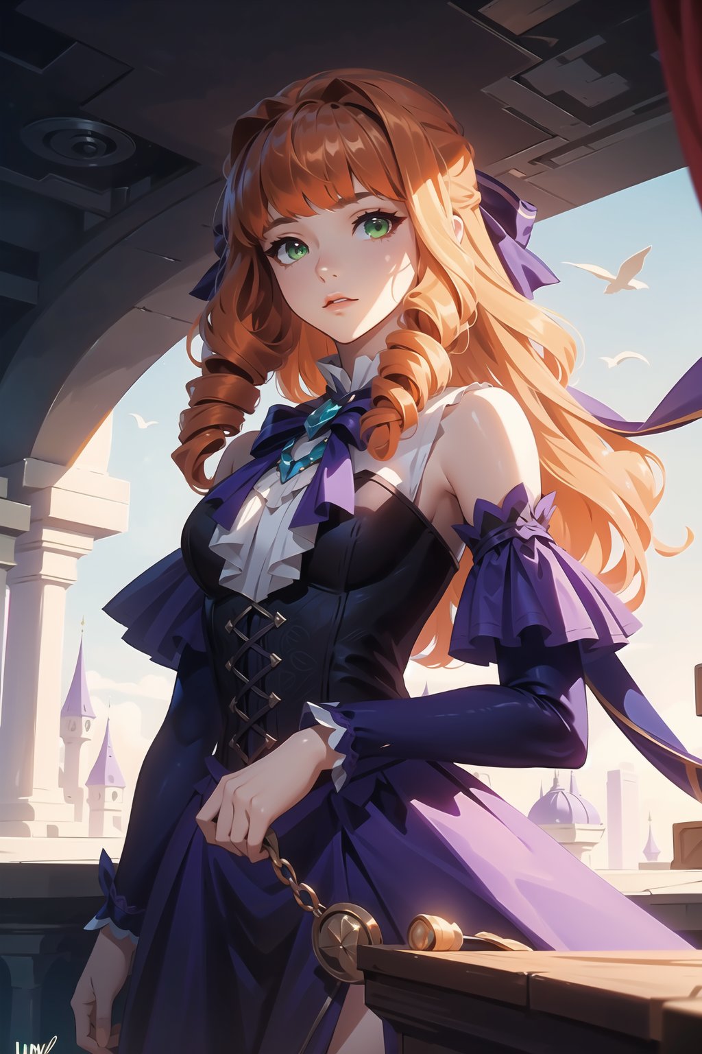 ((masterpiece, best quality)), absurdres, Detailed image, stop,1girl, masterpiece, best quality, best quality, beautiful and aesthetic),Guinevere_ML, solo, long purple dress, looking at viewer, cowboy shot, cinematic composition Long orange hair curled with a blue ribbon behind her head, green eyes, 