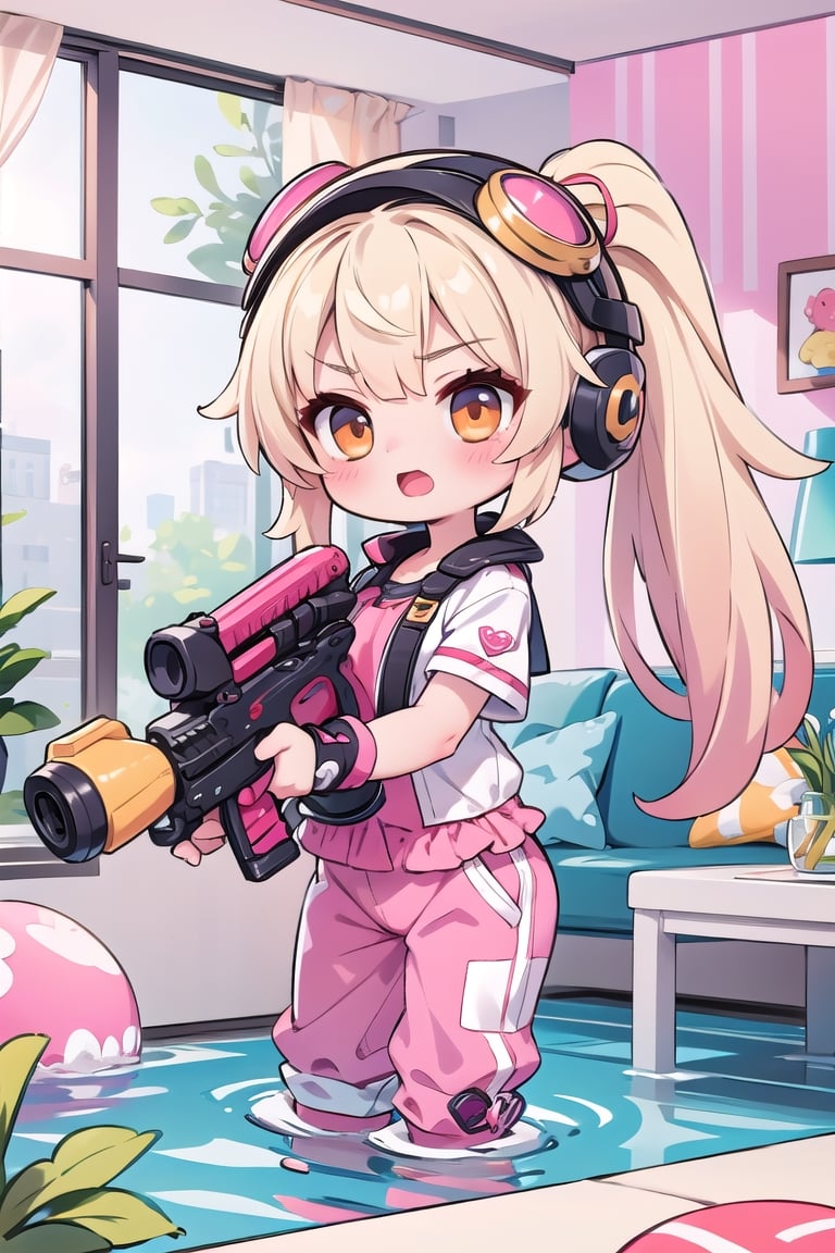 1 cute chibi girl, long twin ponytail blonde hair, orange eyes, pink pajama outfit, pink pants, action pose, holding water gun, helmet, open mouth, living room, masterpiece, detail,