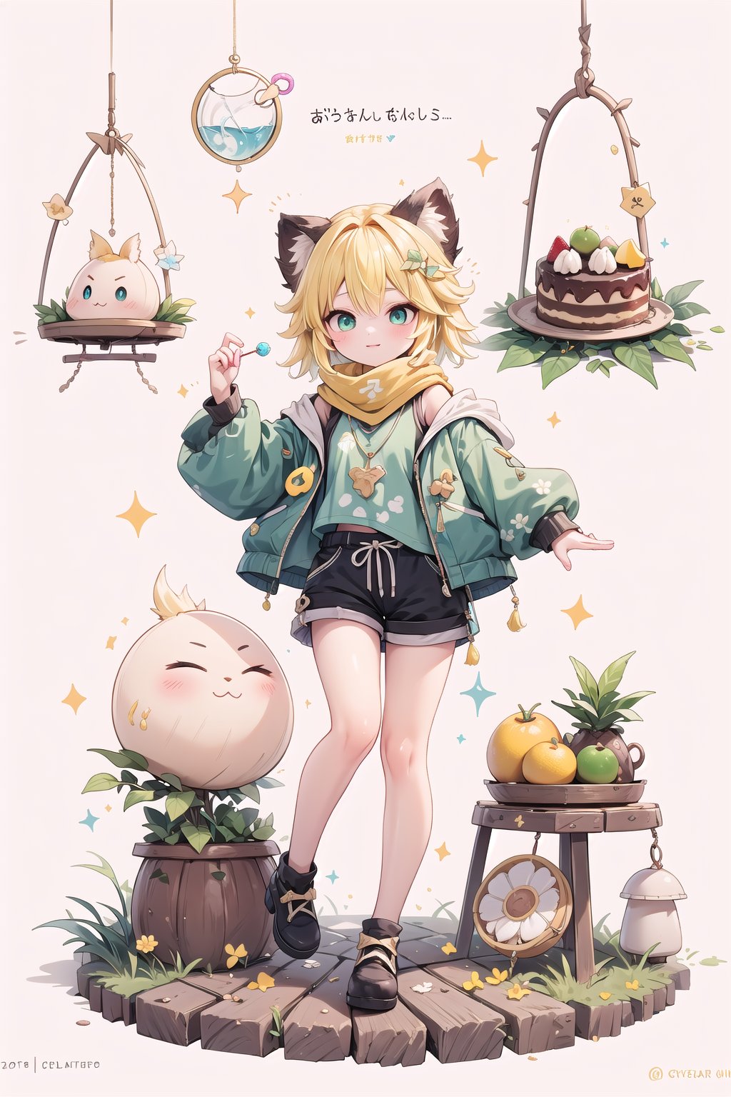 1 Girl, short blonde hair, brown animal ears, green eyes, hairpin, long yellow scarf, a strand of hair standing up, short black t-shirt, green short jacket, necklace, lollipop, shorts, sweet background, joy, "elegant crystal, graceful curves, Filled with orange and white marble fluid forming a fox shape, wavy and dynamic movement Floating pastel flower petals Anime soft pink gradient background and bright colors. Cute, short blonde hair, animal ears brown, hairpin, yellow scarf, pendant, green rolled up jacket, short black t-shirt, shorts, cloth, necklace, black stockings, indoor background, decoration, table, fruits, grass, flowers, colour_textDecoration, board write, grass, flowers, text, joyml, tousled hair, toys, scattered, Look for it, A strand of hair stands up,Books, children's games, cloth, colorful pointed flags, cups, cakes, Snotty, Red nose, standing, leaning against the wall, thin body, Slim