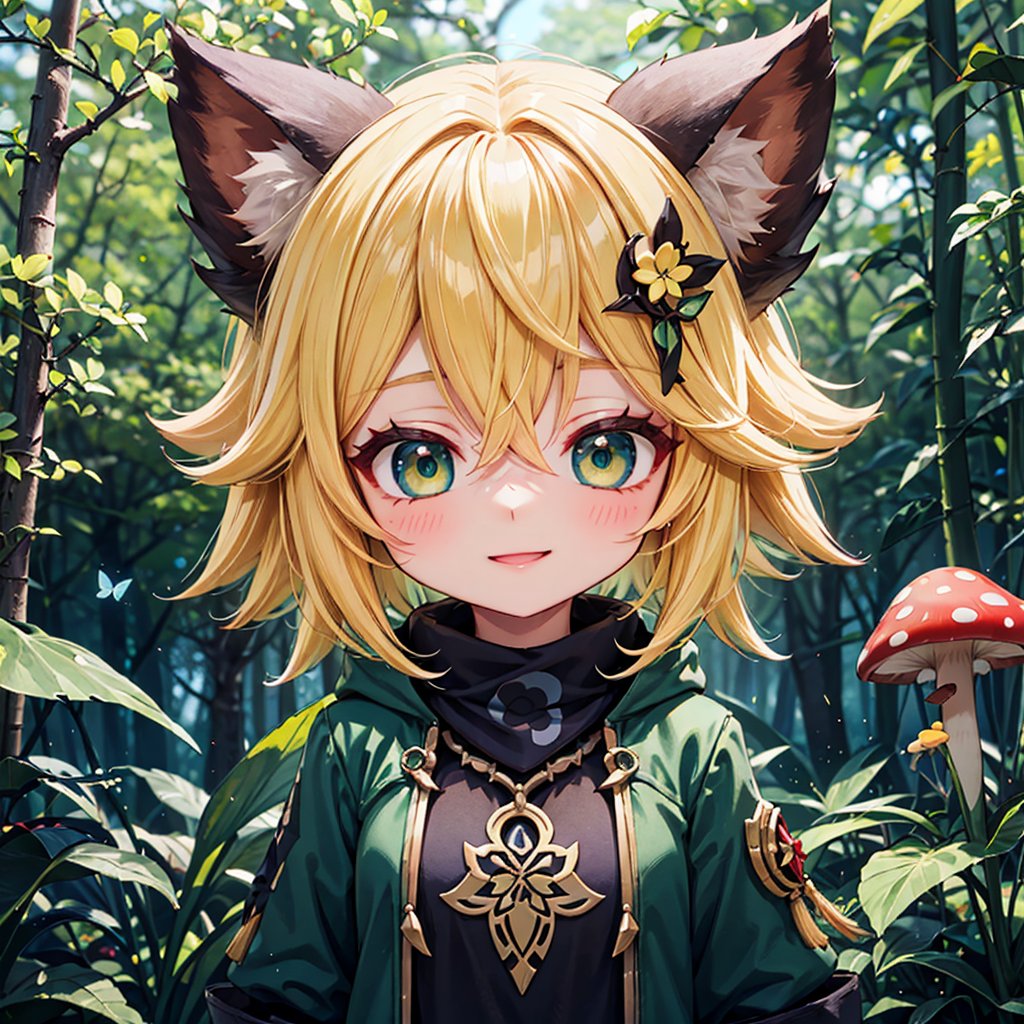 beautiful girl yellow hair, green eyes, extreme short hair, upper body, hair ornament, happy, everywhere, animal ears, brown ears, genshin chibi emote, 1 girl, black t shirt, dark green short jacket, in the forest, leaves, colorful mushroom plants, night, butterflies,