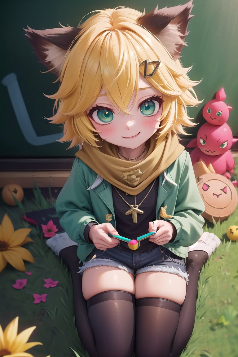 score_9, score_8_up, score_7_up,ANYA, 1 little girl, cute, short blonde hair, brown animal ears, green eyes, hairpin, yellow scarf, pendant, dark green jacket, short black t-shirt, shorts, cloth, necklace, black stockings, indoor background, Decoration, chalkboard, grass, flowers, colored_textDecoration, chalkboard, grass, flowers, text,joyml, messy hair, From above, sitting, toys, scattered, Look up, smile,