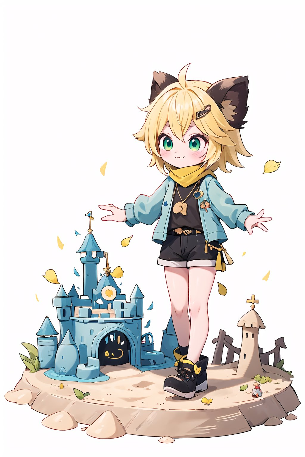 1 Girl chibi, short blonde hair, brown animal ears, green eyes, hairpin, long yellow scarf, a strand of hair standing up, short black t-shirt, green short jacket, joy, "wavy and dynamic movement Floating pastel flower petals Anime soft. Cute, short blonde hair, animal ears brown, hairpin, yellow scarf, pendant, green rolled up jacket, short black t-shirt, shorts, White background, Colorful pointed flag scribbles, beads :3, Sand, small bucket, sand castle 