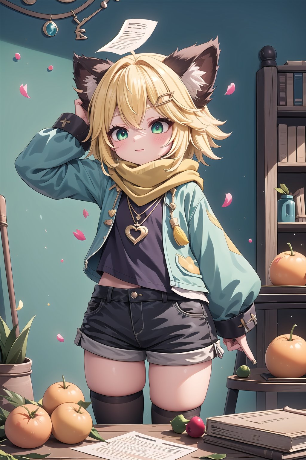 1 Girl, short blonde hair, brown animal ears, green eyes, hairpin, long yellow scarf, a strand of hair standing up, short black t-shirt, green short jacket, necklace, lollipop, shorts, sweet background, joy, "elegant crystal, graceful curves, Filled with orange and white marble fluid forming a fox shape, wavy and dynamic movement Floating pastel flower petals Anime soft pink gradient background and bright colors. Cute, short blonde hair, animal ears brown, hairpin, yellow scarf, pendant, green rolled up jacket, short black t-shirt, shorts, cloth, necklace, black stockings, indoor background, decoration, table, fruits, grass, flowers, colour_textDecoration, board write, grass, flowers, text, joyml, tousled hair, toys, scattered, Look for it, A strand of hair stands up,Books, children's games, cloth, colorful pointed flags, cups, cakes, Hands on head holding a piece of paper saying heart, Snotty, Red nose, standing, leaning against the wall, thin body, Slim 