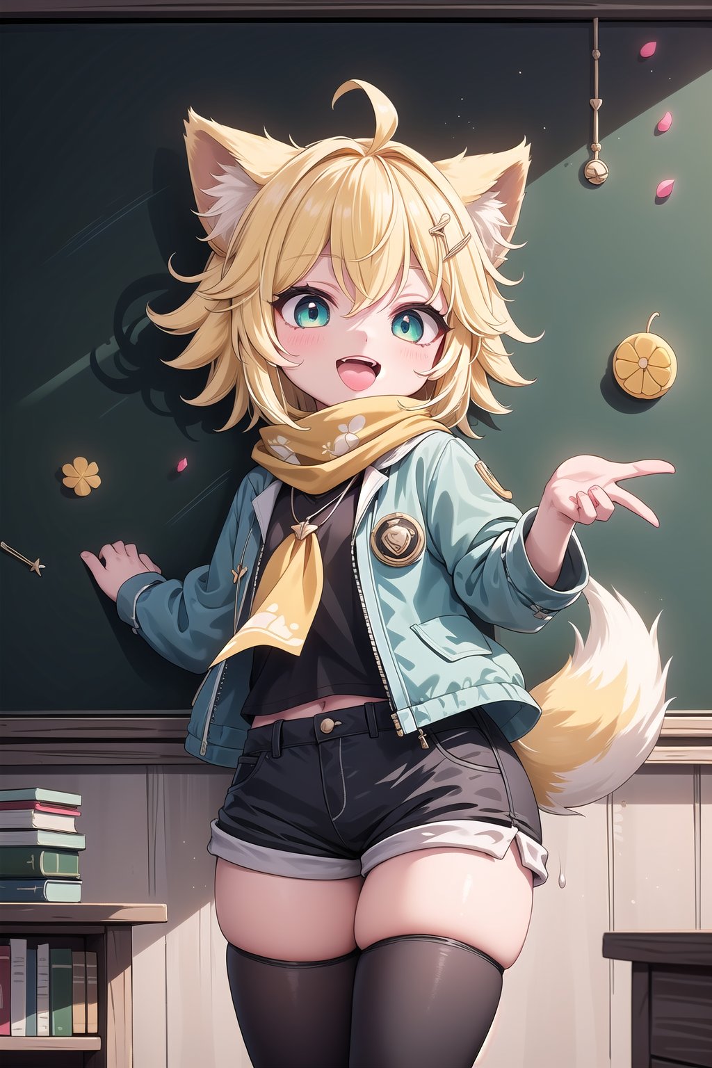 1 Girl, short blonde hair, brown animal ears, green eyes, hairpin, long yellow scarf, a strand of hair standing up, short black t-shirt, dark green short jacket, necklace, lollipop, shorts, sweet background, joy , "Elegant crystal, graceful curves, Filled with orange and white marble liquid to form a fox shape. The cat has big eyes and a long tail. Fluid cat silhouette with wavy and dynamic movements. Pastel flower petals floating Softly pink gradient background. Stylish thin lines anime and bright colors. Very detailed 8K resolution. Cute, short blonde hair, brown animal ears, hairpin, yellow scarf, pendant, dark green jacket, short black t-shirt, shorts, cloth, necklace, black stockings, indoor background, Decoration, chalkboard, grass, flowers, colored_textDecoration, chalkboard, grass, flowers, text, joyml, messy hair, toys, scattered, Look up, A strand of hair stands up,Books, children's games, cloth, colorful pointed flags, cups, cakes, Happy, smiling, holding A piece of heart greeting paper, Open mouth canine teeth,  Hands in trouser pockets, standing, leaning against the wall, Tongue out 