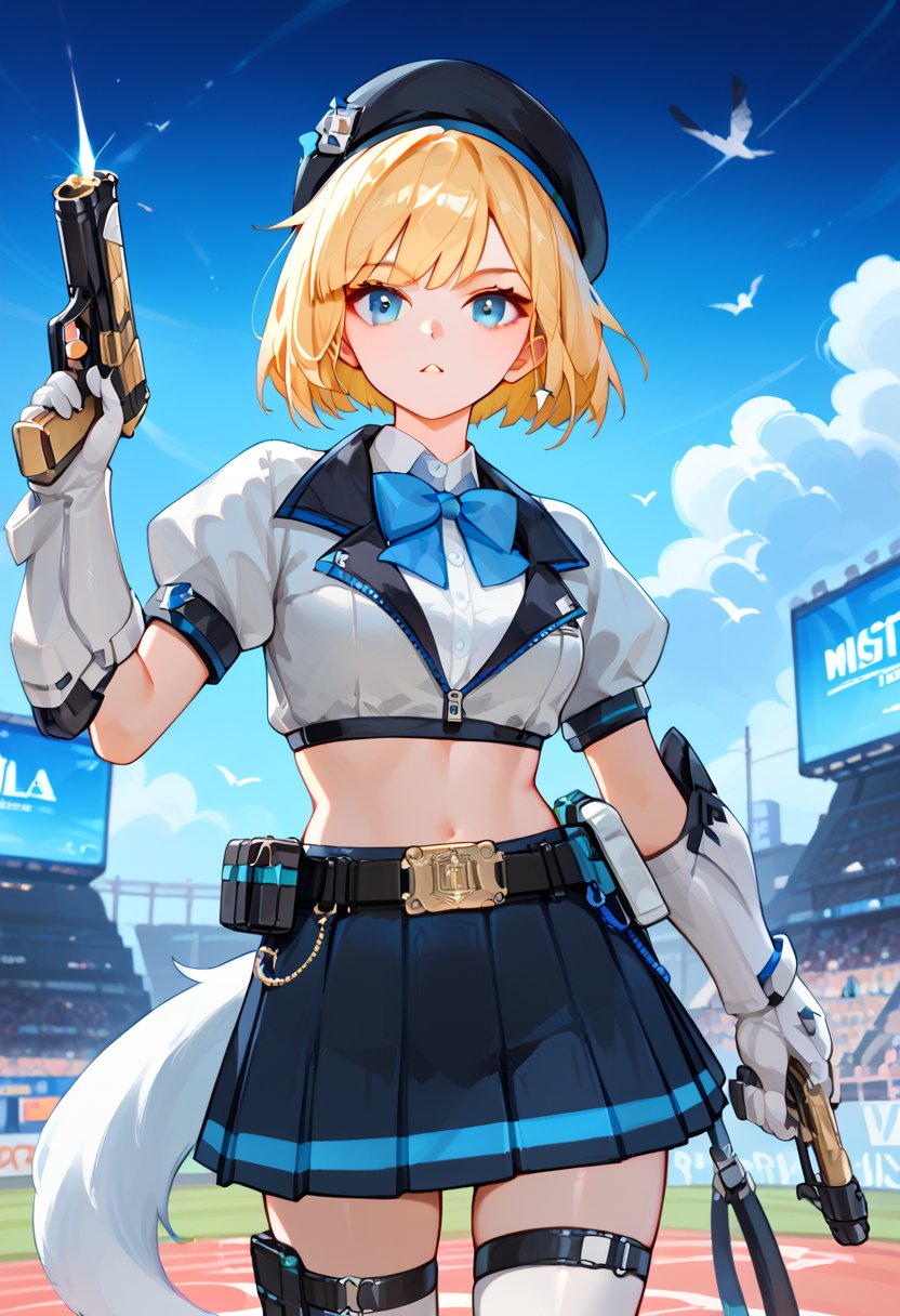 score_9, score_8_up, score_7_up, score_6_up, , score_5_up, , score_4_up, 
BREAK , 

masterpiece, best quality, Looking at the audience, 1girl solo, bangs,WAN WAN elite, Short blonde hair black beret black short cropped suit blue bow tie slim stomach black short pleated skirt gloves gun, at night White tail, Bob hair, 