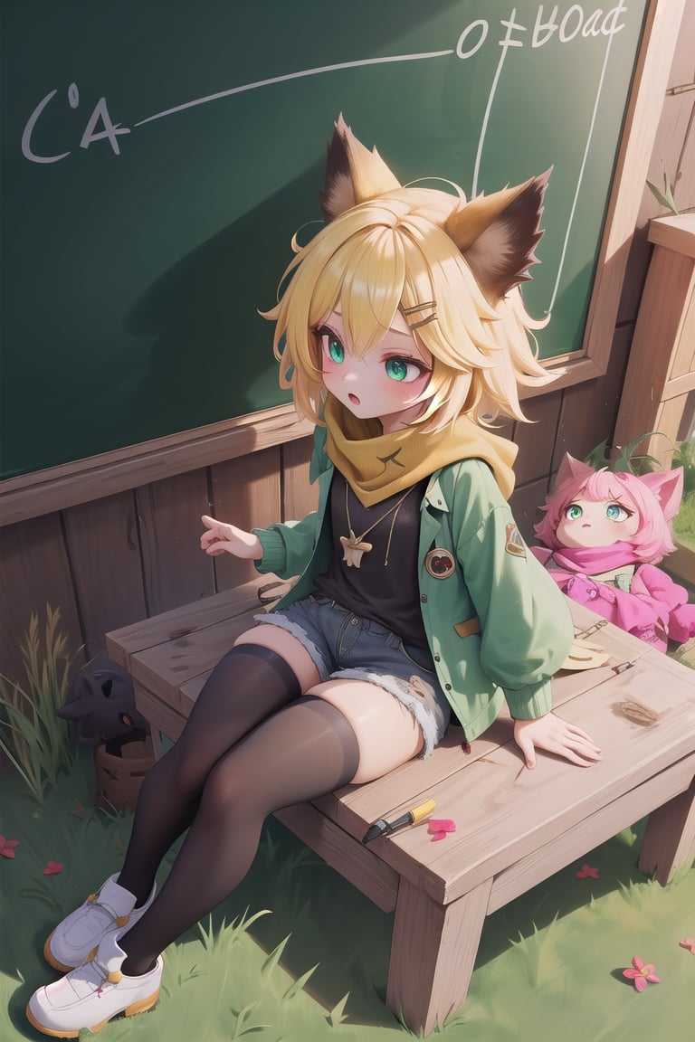 score_9, score_8_up, score_7_up,ANYA, 1 little girl, cute, short blonde hair, brown animal ears, green eyes, hairpin, yellow scarf, pendant, dark green jacket, short black t-shirt, shorts, cloth, necklace, black stockings, indoor background, Decoration, chalkboard, grass, flowers, colored_textDecoration, chalkboard, grass, flowers, text,joyml, messy hair, From above, sitting, toys, scattered 