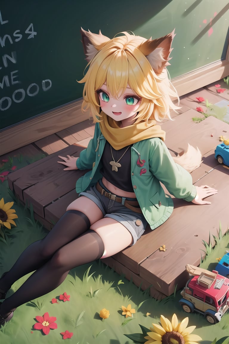 score_9, score_8_up, score_7_up,ANYA, 1 little girl, cute, short blonde hair, brown animal ears, green eyes, hairpin, yellow scarf, pendant, dark green jacket, short black t-shirt, shorts, cloth, necklace, black stockings, indoor background, Decoration, chalkboard, grass, flowers, colored_textDecoration, chalkboard, grass, flowers, text,joyml, messy hair, From above, sitting, toys, scattered, Look up, smile,