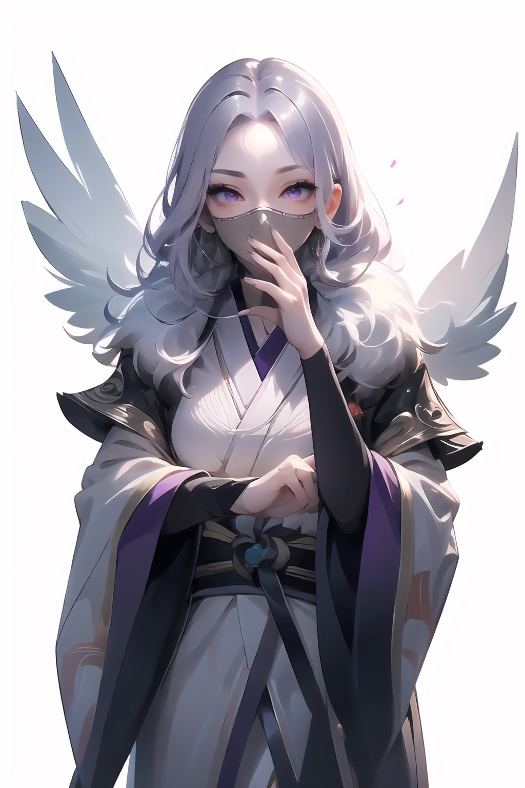 , 1 girl, silver hair,  Purple eyes, clear veil, feathered kimono, white background,covering mouth with hands,luo_yi_ml