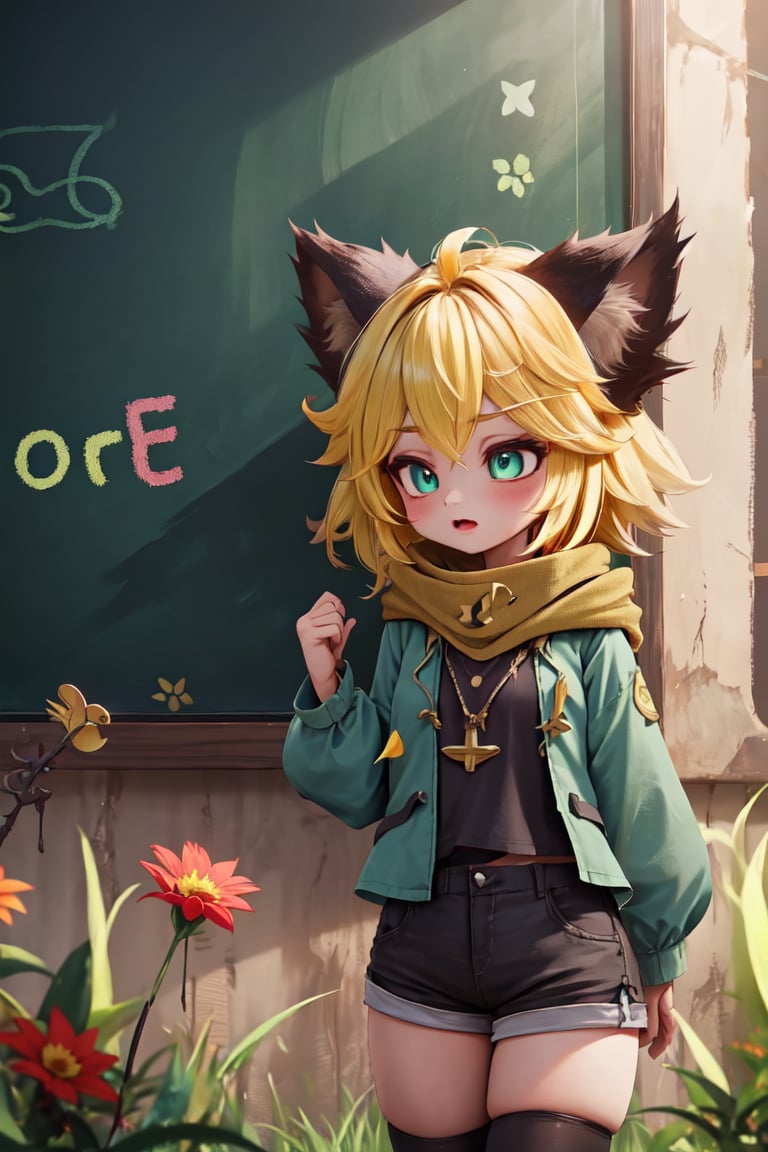 score_9, score_8_up, score_7_up,ANYA, 1 little girl, cute, short blonde hair, brown animal ears, green eyes, hairpin, yellow scarf, pendant, dark green jacket, short black t-shirt, shorts, cloth, necklace, black stockings, indoor background, Decoration, chalkboard, grass, flowers, colored_textDecoration, chalkboard, grass, flowers, text,joyml, messy hair,