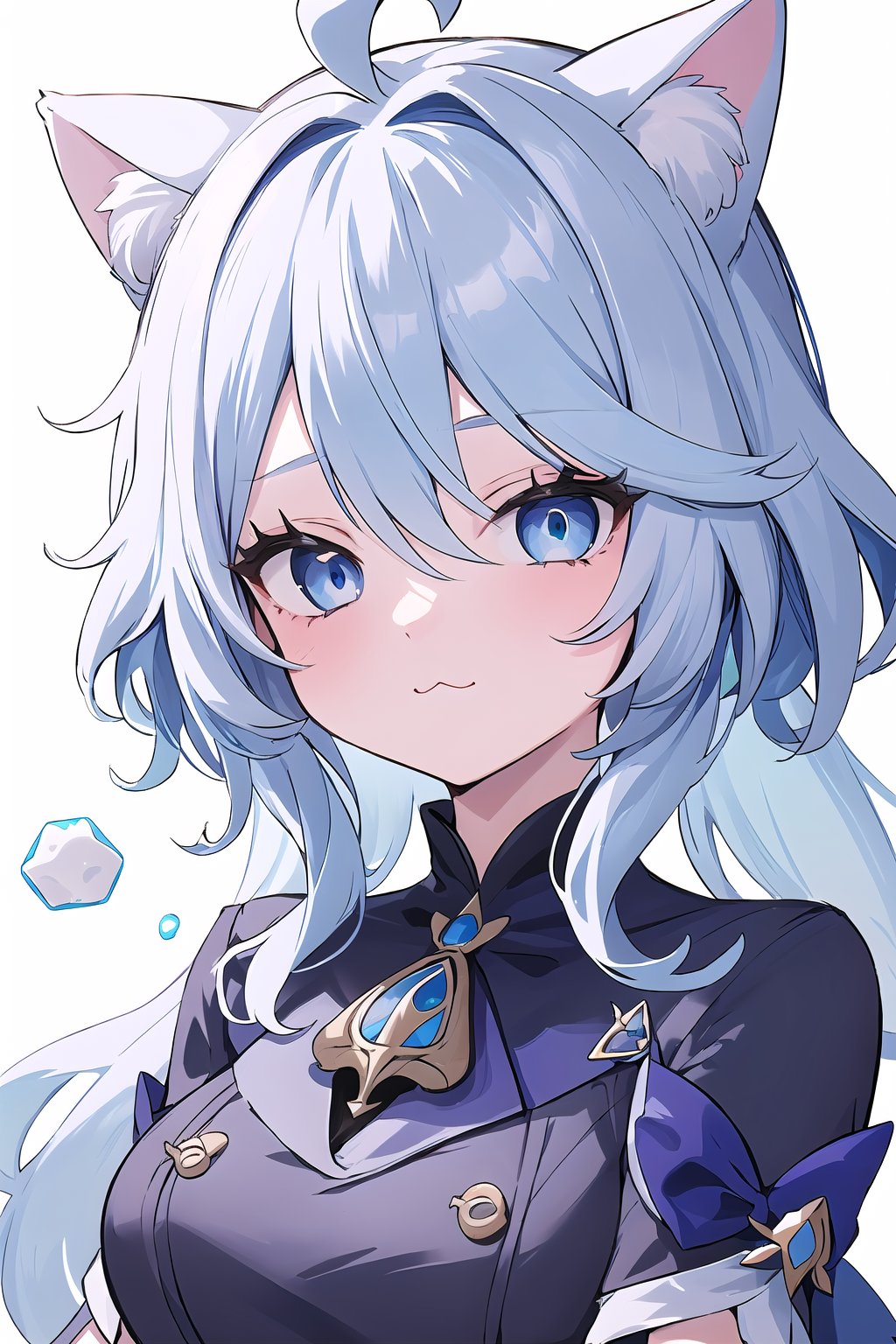 1 girl, Furina, details of blue eyes, cat ears, messy blue hair, part of the face, mochi ice white background, black spots on furina's face \(genshin impact\), :3, +_+,