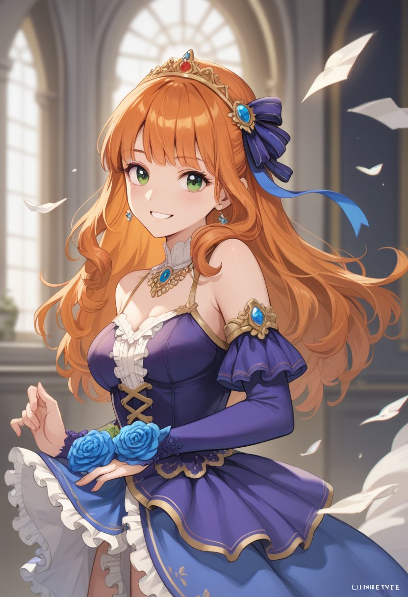 score_9, score_8_up, score_7_up, score_6_up, , score_5_up, , score_4_up, 
BREAK , 

masterpiece, best quality, Looking at the audience, 1girl solo, bangs, green eyes,Guinevere mlbb, The princess' royal purple floral dress, smile, Long orange hair curled with a blue ribbon at the back of his head 