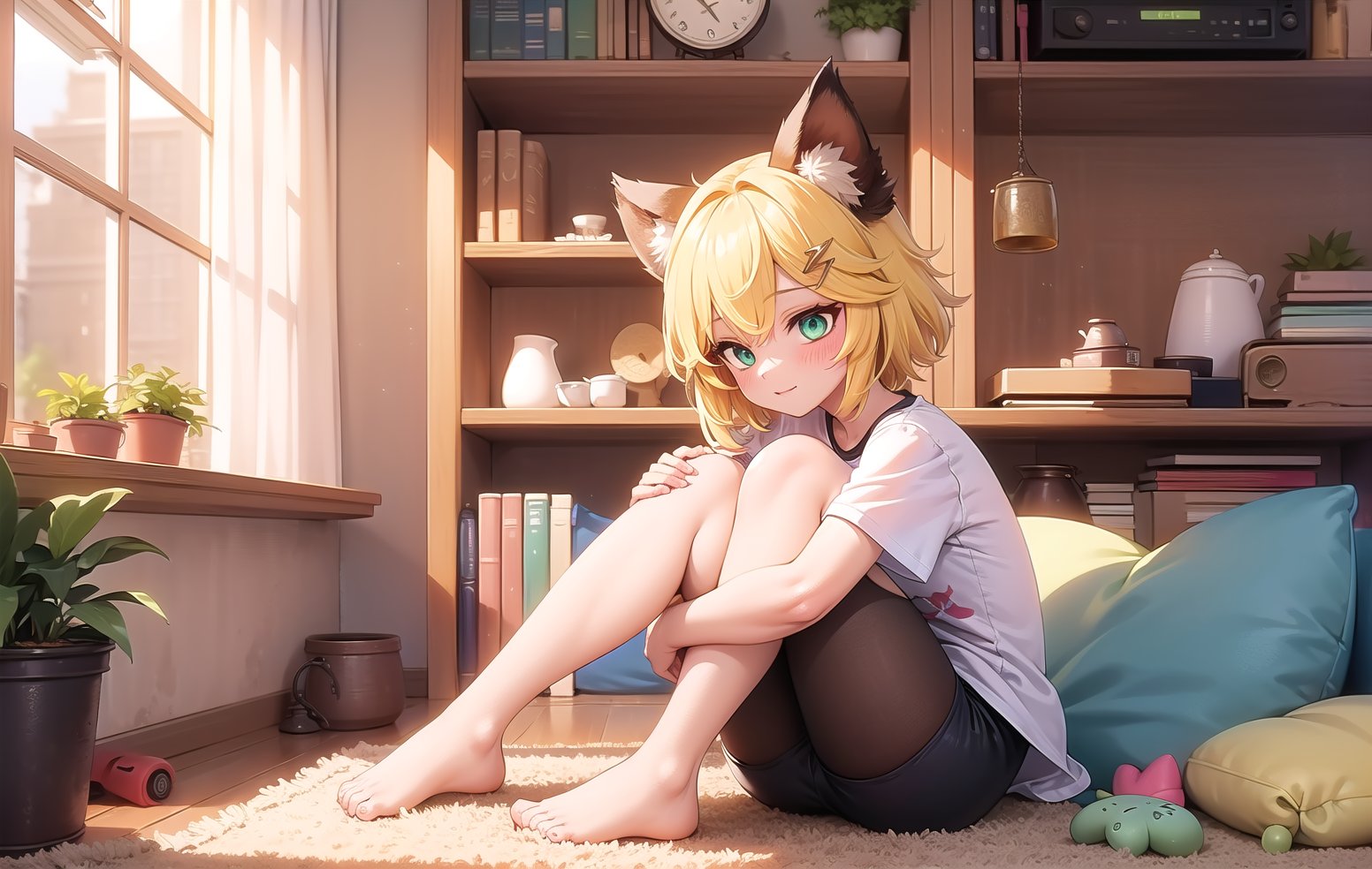 joyml, In the room there are messy things on the bed, carpet, small cupboard, flower pot window, 1 girl sitting on the floor, short blonde hair, long brown animal ears, hairpins, short white t-shirt, green eyes, pillows, toys, books, radio, detailed images, hd, smooth, ultra, Hugging feet