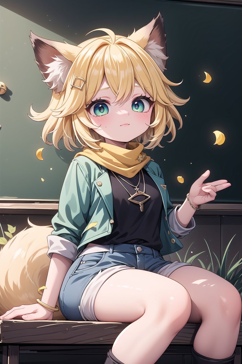 1 Girl, short blonde hair, brown animal ears, green eyes, hairpin, long yellow scarf, a strand of hair standing up, short black t-shirt, dark green short jacket, necklace, lollipop, shorts, sweet background, joy , "Elegant crystal, graceful curves, Filled with orange and white marble liquid to form a fox shape. The cat has big eyes and a long tail. Fluid cat silhouette with wavy and dynamic movements. Pastel flower petals floating Softly pink gradient background. Stylish thin lines anime and bright colors. Very detailed 8K resolution. Cute, short blonde hair, brown animal ears, green eyes, hairpin, yellow scarf, pendant, dark green jacket, short black t-shirt, shorts, cloth, necklace, black stockings, indoor background, Decoration, chalkboard, grass, flowers, colored_textDecoration, chalkboard, grass, flowers, text, joyml, messy hair, sitting, toys, scattered, Look up, A strand of hair stands up,