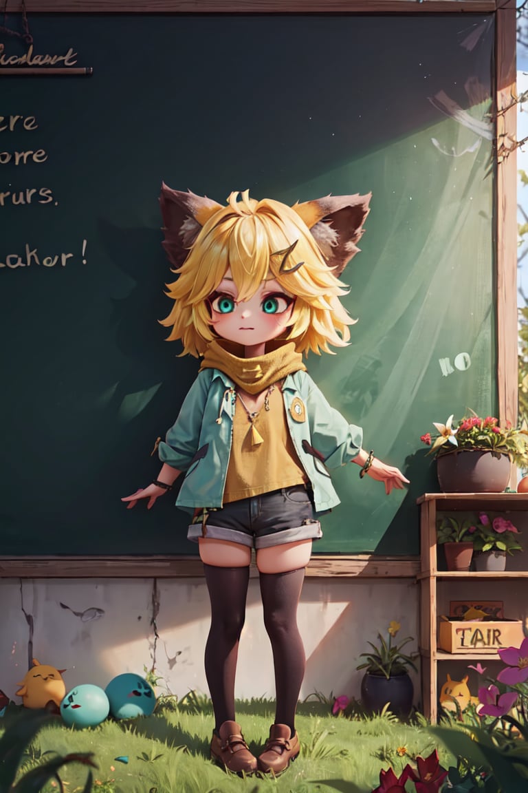 score_9, score_8_up, score_7_up,ANYA, 1 little girl, Chibi, cute, short blonde hair, brown animal ears, green eyes, hairpin, yellow scarf, pendant, dark green jacket, short black t-shirt, shorts, cloth, necklace, black stockings, indoor background, Decoration, chalkboard, grass, flowers, colored_textDecoration, chalkboard, grass, flowers, text,joyml, messy hair,