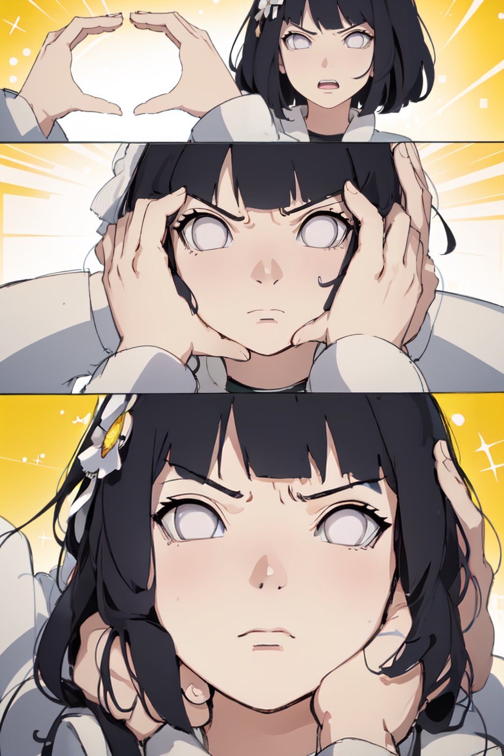 1 girl, cute face, cute eyes, Highly detailed, High Quality, Masterpiece, beautiful, IncrsSnootChallenge, comic, pov hands, , Twitter-chan, hair ornament, white shirt, , annoyed, angry, ,IncrsSnootChallenge,haruno sakura,sarada,UZUMAKI_HIMAWARI SHORT BLACK HAIR BLUNT ,hinata\(boruto\)