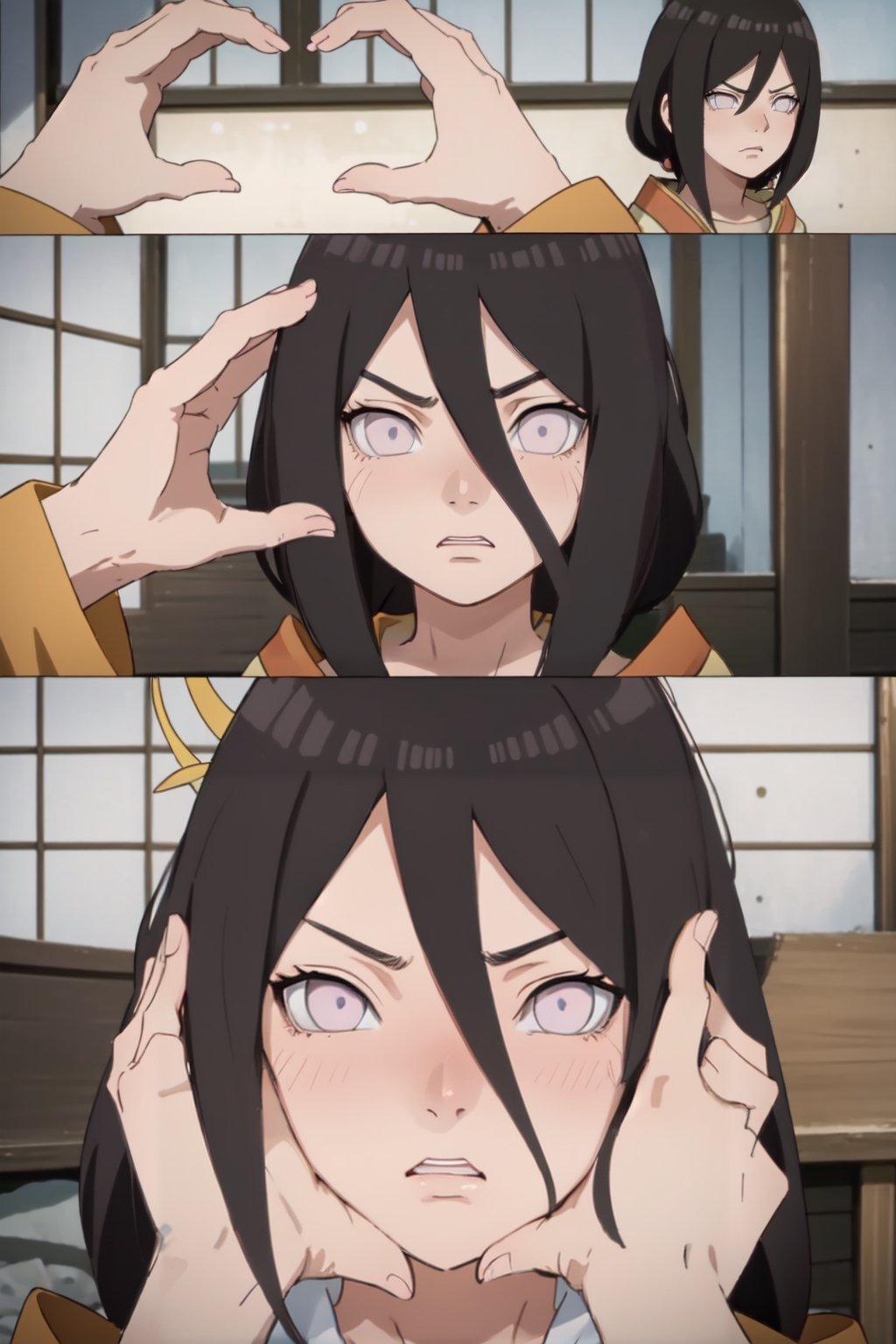 1 girl, cute face, cute eyes, Highly detailed, High Quality, Masterpiece, beautiful, IncrsSnootChallenge, comic, pov hands, , Twitter-chan, hair ornament, white shirt, , annoyed, angry, ,IncrsSnootChallenge,haruno sakura,sarada,UZUMAKI_HIMAWARI SHORT BLACK HAIR BLUNT ,hinata\(boruto\),tenten\(shippuden\),hanabi