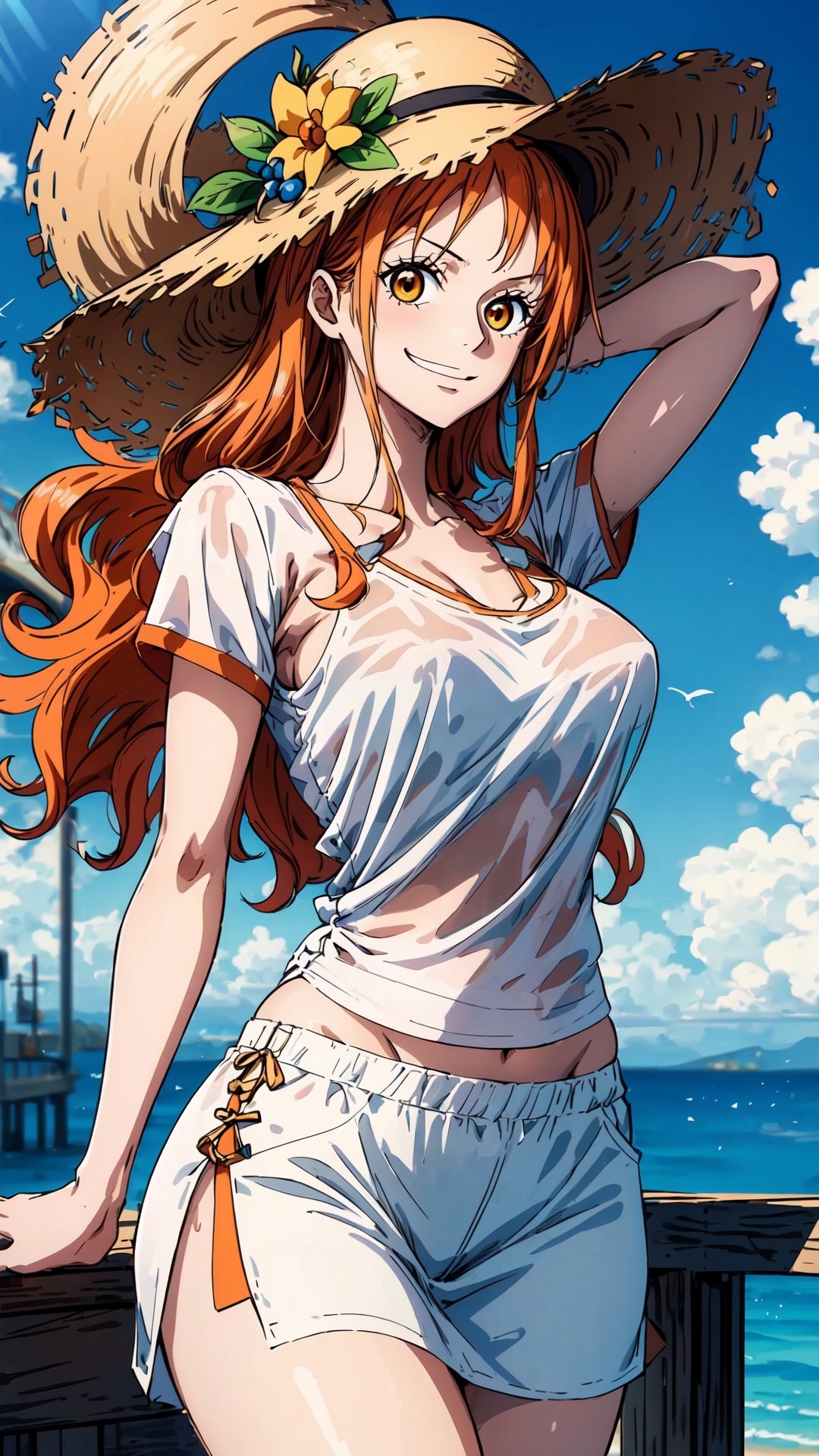 {(Yamato)}, 1girl, Adult girl, {(anime, 8k, masterpiece, best quality, best quality, beautiful and aesthetic, professional illustration, ultra detail, perfect lighting, perfect shadow, perfect sharpness, HDR)}, {( Orange hair with yellow tips, long hair, medium straw hat on head, beautiful hair, detailed hair, shining hair)}, {(orange eyes, very detailed eyes, beautiful eyes, shining eyes)}, {(detailed face, detailed nose , detailed mouth, beautiful face)}, {(athletic and sensual body, perfect body, perfect arms, perfect hands, perfect legs, detailed body, beautiful body)}, {(wearing a large white t-shirt, very detailed clothes, jk skirt red, beautiful clothes ) }, {(standing, Laughing expression)}, {(paradise beach view, very detailed view, very beautiful view, on a boat, high quality view)}, {(summer day, clear, very sky detailed, high quality sky, beautiful sky, perfect sky)}, {(NamiOP\(one piece\))},NamiOP