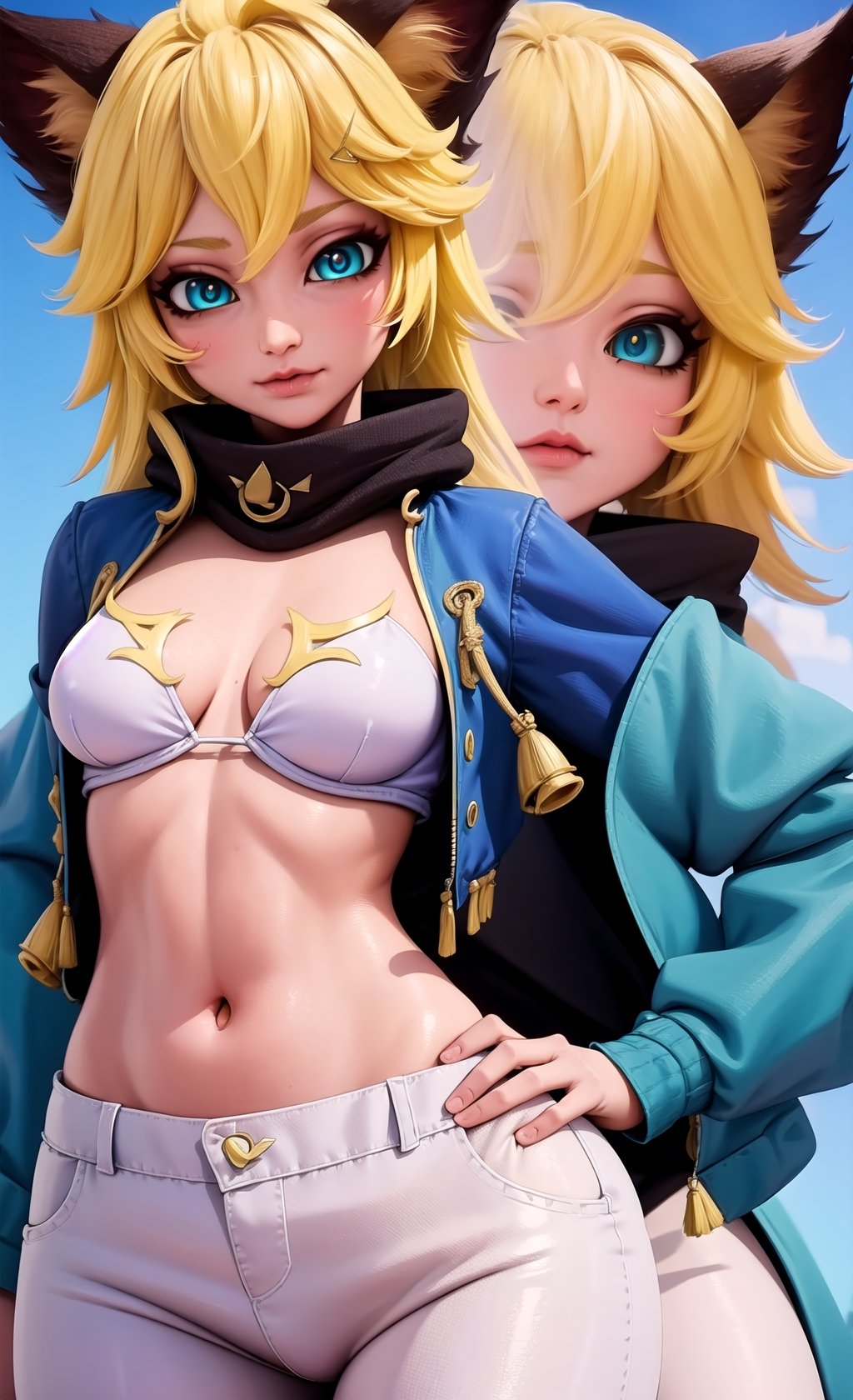 (masterpiece, best quality), intricate details, ((slim)), 2D girl, beautiful, 1 woman, cat expression, Yellow hair, white skin, light blue eyes, cat ears, very detailed, messy hair, detailed jacket, pants short, top image,