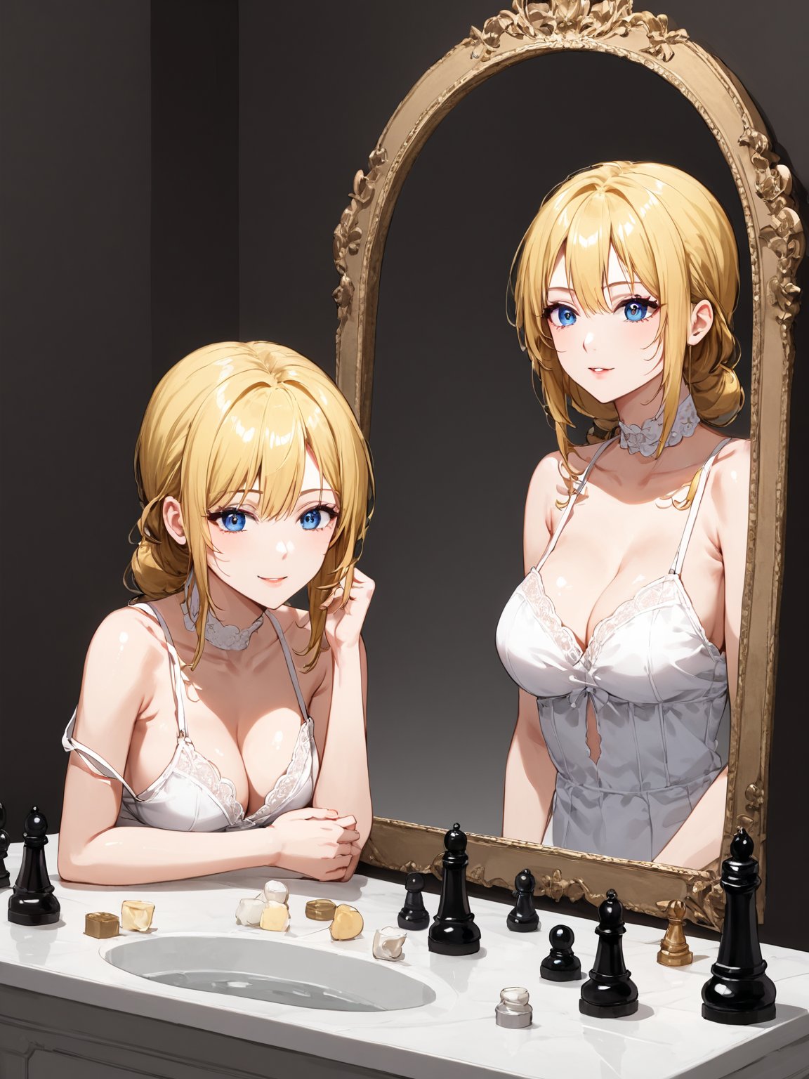 masterpiece, best quality, highres
,//Character, 
1girl, solo
,//Fashion, 
,//Background, white background
,//Others, ,Expressiveh, 
,AobaTsukuyo,
A girl playing chess with her own reflection in a mirror, but the reflection is moving the pieces independently.