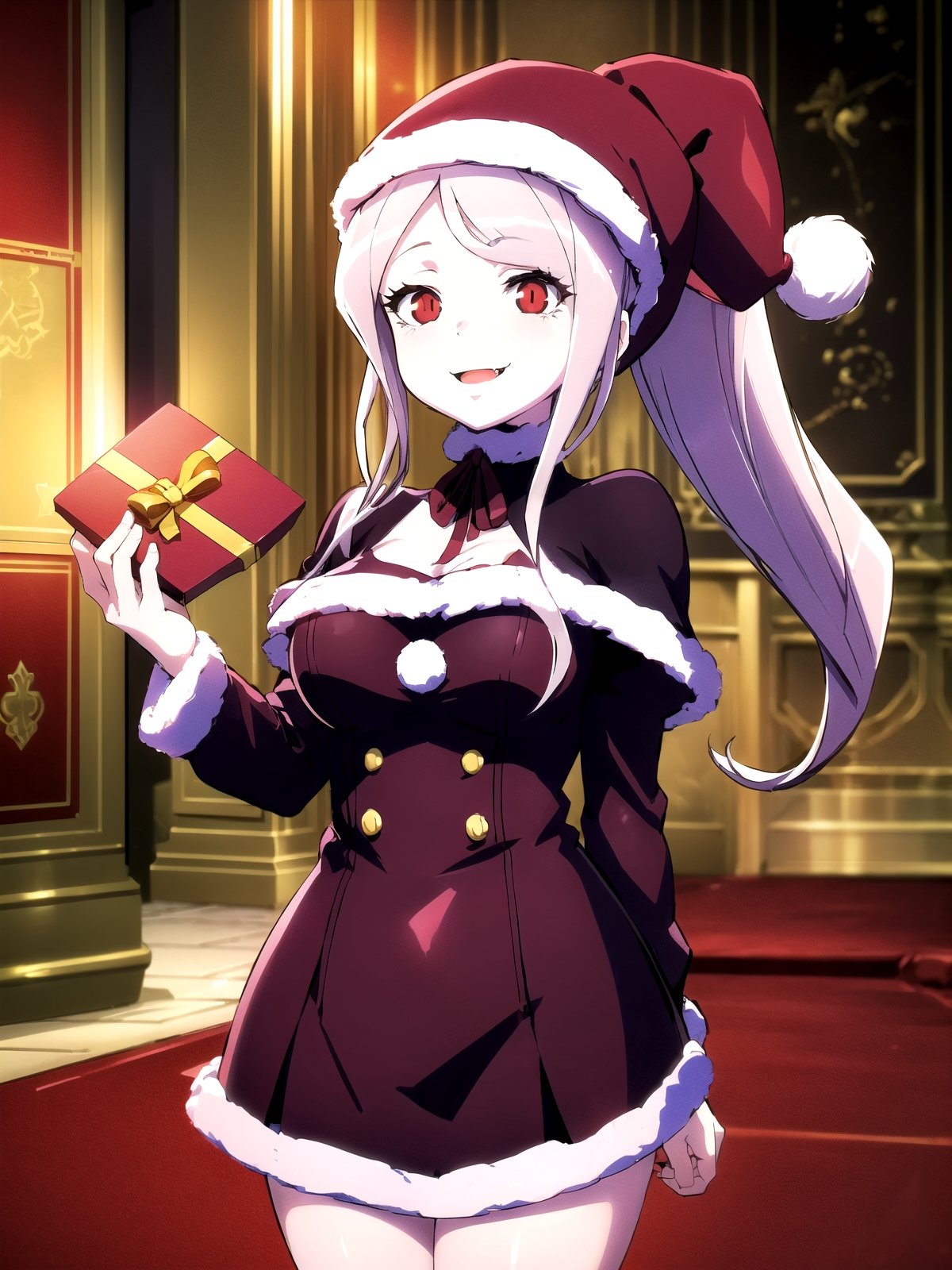 //Quality,
(masterpiece), (best quality), 8k illustration,
//Character,
overlordentoma, 1girl, solo, smile, gift
//Fashion,
santa_costume,
//Background,
indoors, christmas, 
//Others,
,shalltear bloodfallen