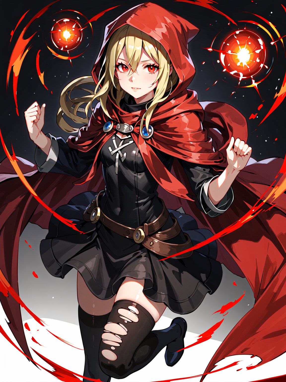 score_9,score_8_up,score_7_up,score_6_up, masterpiece, best quality, 8k, 8k UHD, ultra-high resolution, ultra-high definition, highres
,//Character, 
1girl, solo,Evileye \(overlord\), blonde hair, red eyes, hair between eyes, small breasts
,//Fashion, 
hood, black dress, torn clothes, covered navel, red cloak, hooded cloak, black thighhighs, torn thighhighs, 
hood up
,//Background, white_background
,//Others, ,Expressiveh,
dynamic pose, energy ball charging