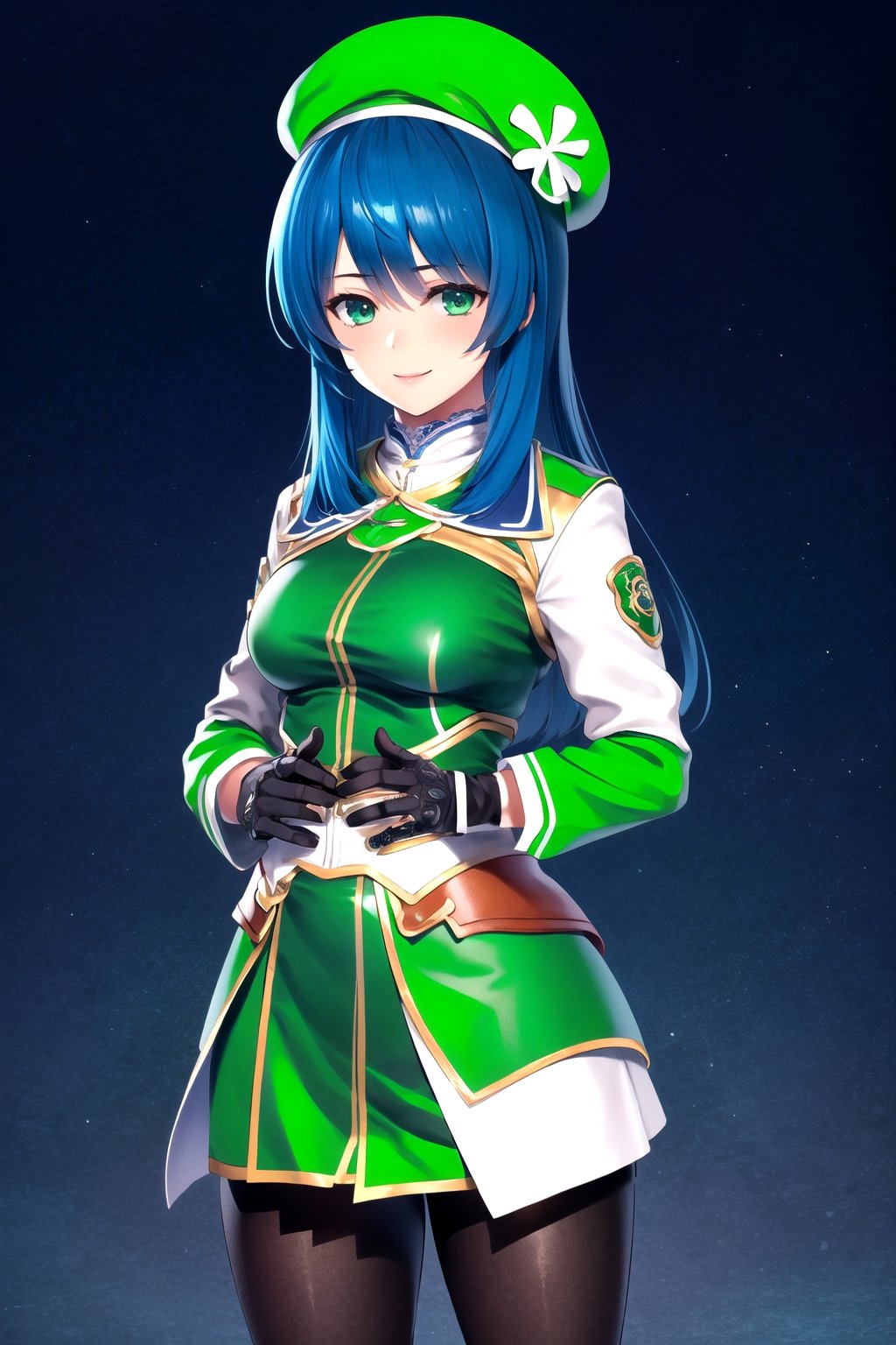 //Character, 1girl, solo,MariaTraitor_SO3, green eyes, long hair, blue hair, 
//Fashion, , gloves, pantyhose, 
//Background, simple background, 
//Quality, (masterpiece), best quality, ultra-high resolution, ultra-high definition, highres, intricate, intricate details, absurdres, highly detailed, finely detailed, ultra-detailed, ultra-high texture quality, natural lighting, natural shadow, dramatic shading, dramatic lighting, vivid colour, perfect hands, perfect fingers, perfect anatomy, 
//Others, smile, Saint Patrick's Day, clover hat