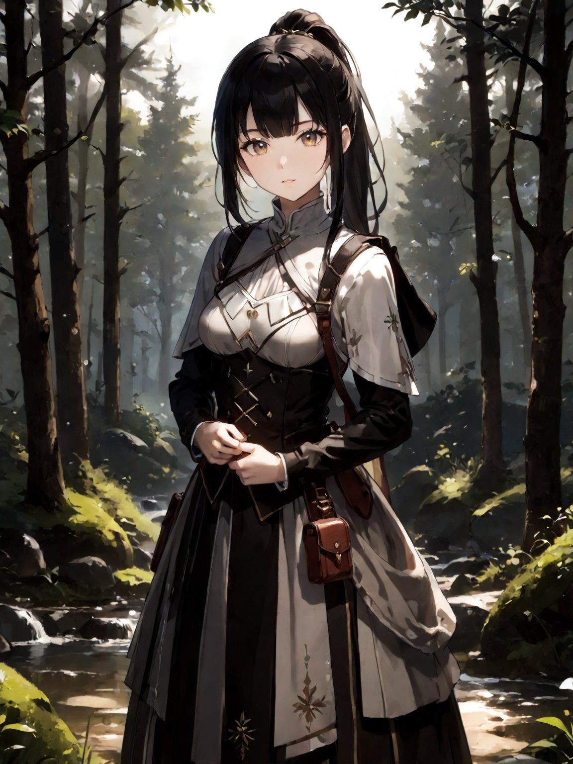 score_9,score_8_up,score_7_up,score_6_up, masterpiece, best quality, highres
,//Character, 
1girl,narberal gamma \(overlord\), long hair, black hair, glay eyes, bangs, ponytail, medium breats
,//Fashion, 

,//Background, 
,//Others, ,Expressiveh, 
A young girl with long brown hair and bright eyes, standing at the edge of a magical forest. She's wearing a simple dress and holding a small backpack. Sunlight filters through the trees, creating a mystical atmosphere. The girl looks excited and slightly nervous.