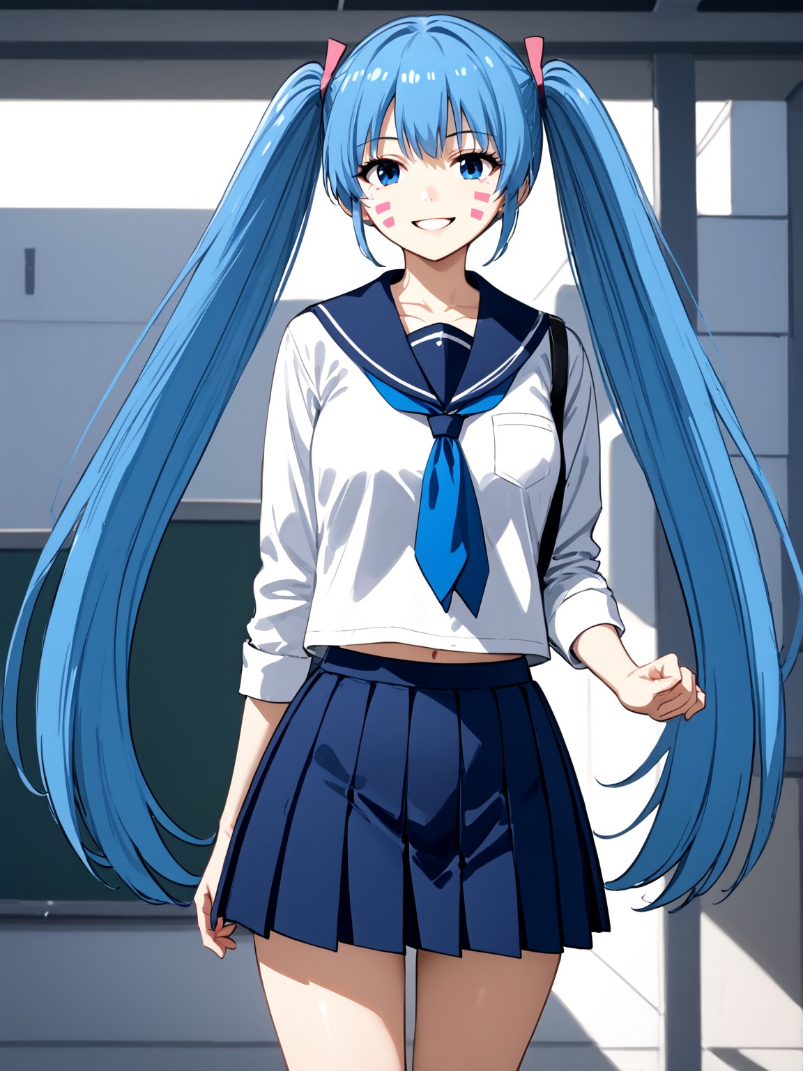 best quality, 8k, 8k UHD, ultra-high resolution, ultra-high definition, highres
,//Character, 
1girl, solo, hermit mio, long hair, blue hair, twintails, blue eyes, facial mark
,//Fashion, 
school_uniform
,//Background, 
,//Others, ,Expressiveh,
The girl standing triumphantly atop a hill, silhouetted against a beautiful sunset. She's holding a magical artifact that glows with rainbow colors. Her posture is confident, and a smile of accomplishment lights up her face. Fireflies dance around her, adding a magical touch to the scene.