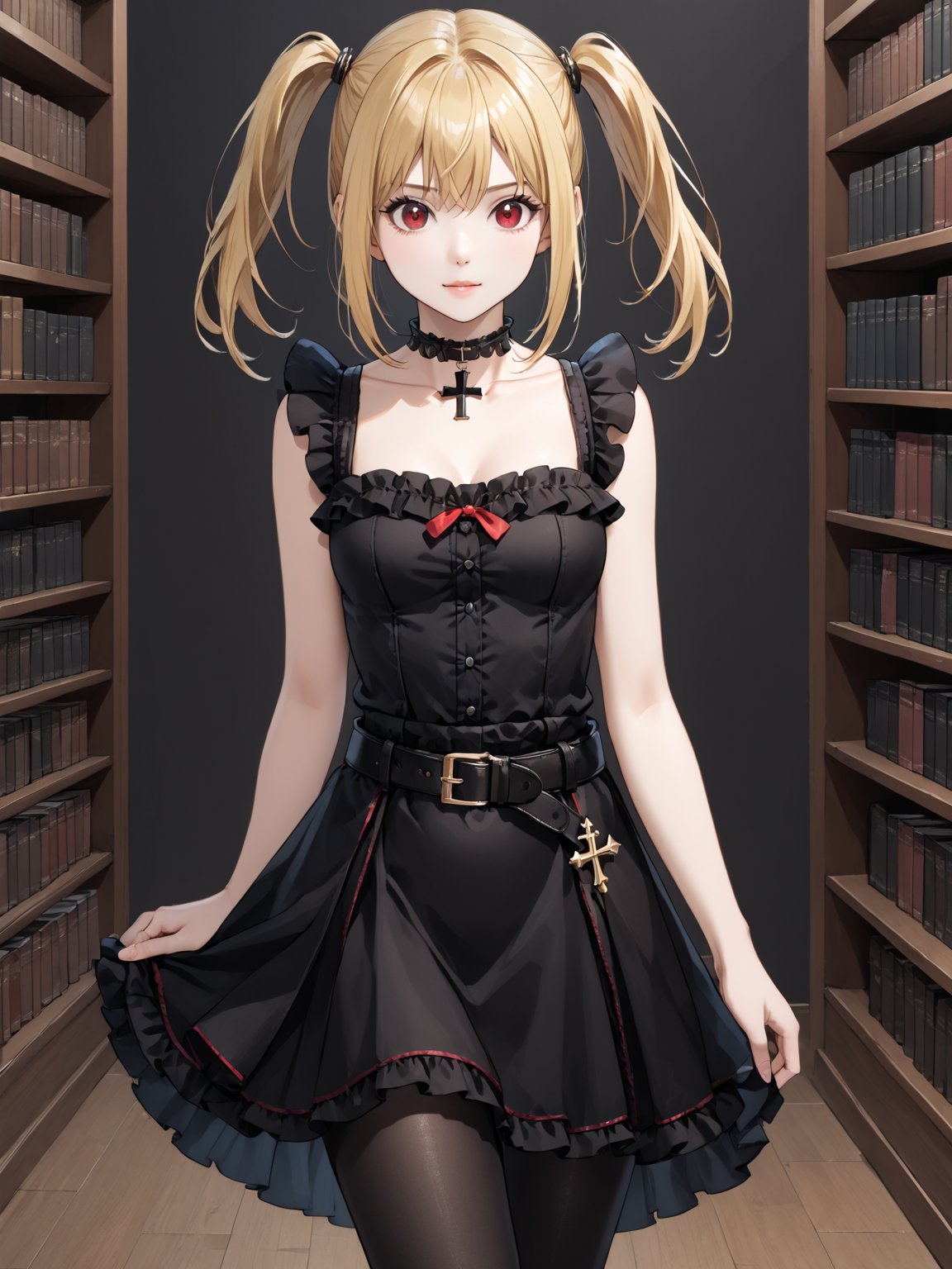 masterpiece, best quality, highres
,//Character, 
1girl, solo,AmaneMisa, twintails, blonde hair, red eyes, sidelocks
,//Fashion, 
black dress, sleeveless, bare shoulders, collarbone, choker, skirt, frills, belt, black pantyhose, cross
,//Background, 
,//Others, ,Expressiveh, 
A young magic caster girl practicing spells in a vast library filled with ancient tomes and magical artifacts.